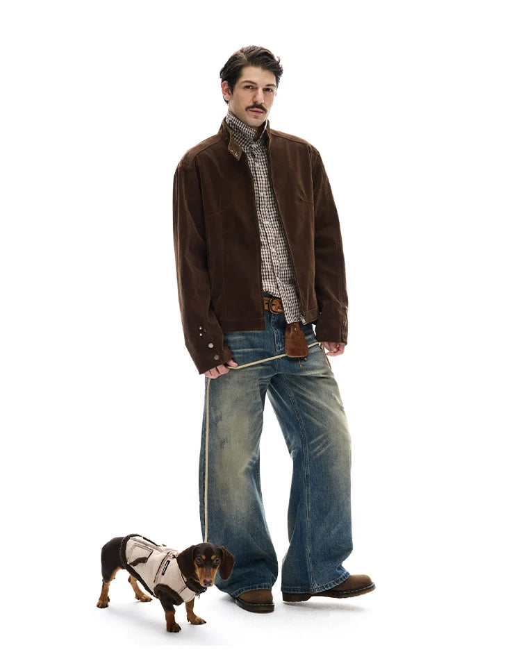 모던 스트리트 레트로 스웨이드 툴링 스탠드업 칼라 재킷, 남녀공용 캐주얼 디컨스트럭션 스플라이싱 숏 코트 