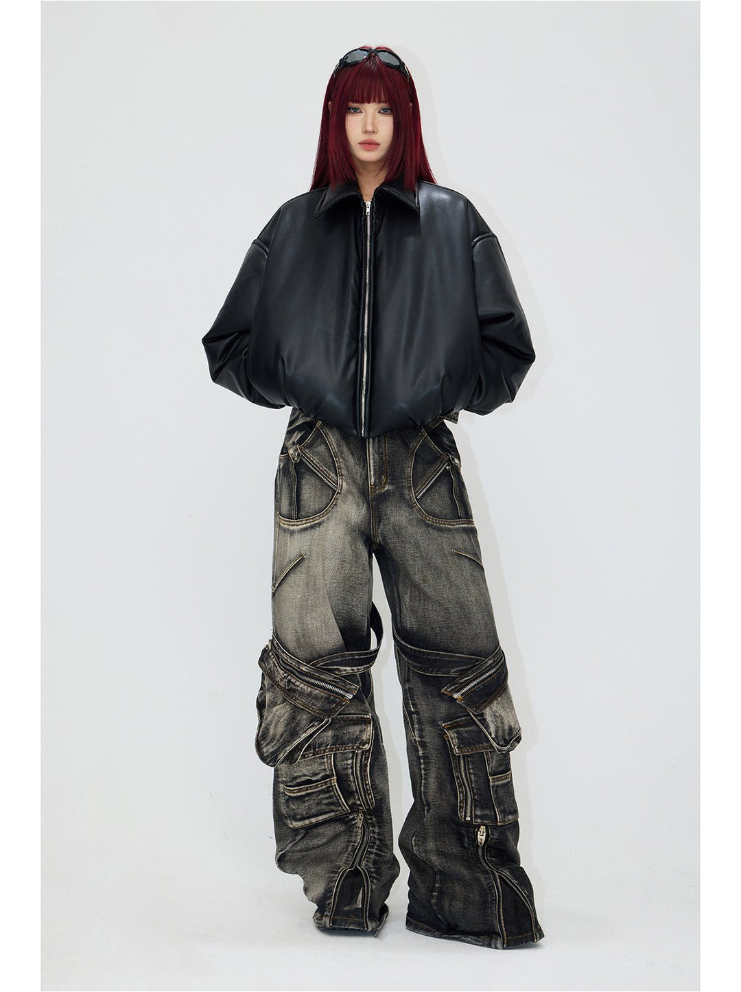 [PeopleStyle] Vintage Leder-Baumwolljacke mit überschnittenen Schultern st1792 