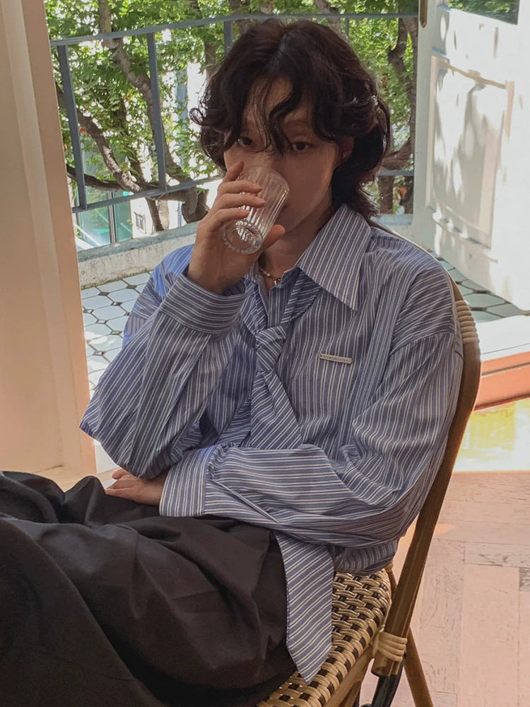 [Free Tie] College Striped Long Sleeve Shirt Men's Spring Loose Casual Shirt Korean Commuter DK Inside