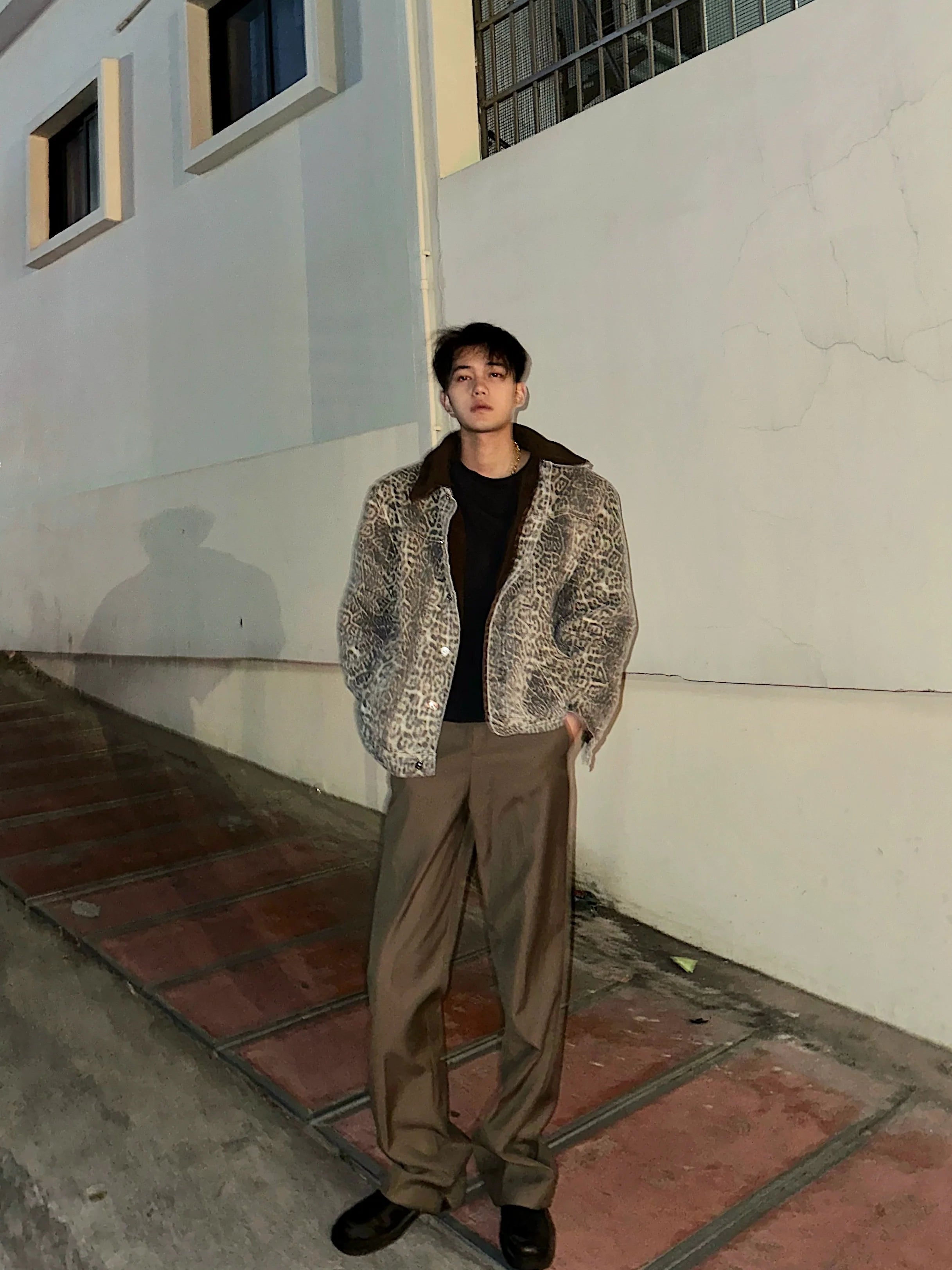 Winter retro washed niche leopard print splicing fleece thickened denim jacket men's trend