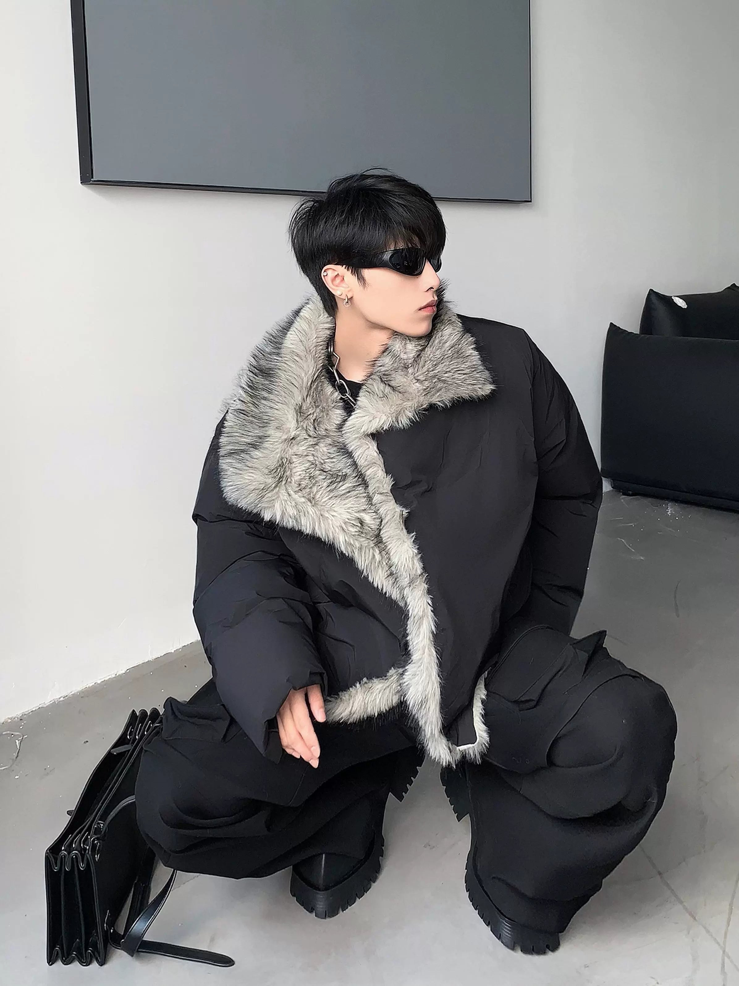 호화로운 느낌의 풍성한 모피 칼라, 인조 밍크 가죽 안감, 남성용 겨울 두꺼운 클린핏 면 재킷, 트렌디한 스타일 