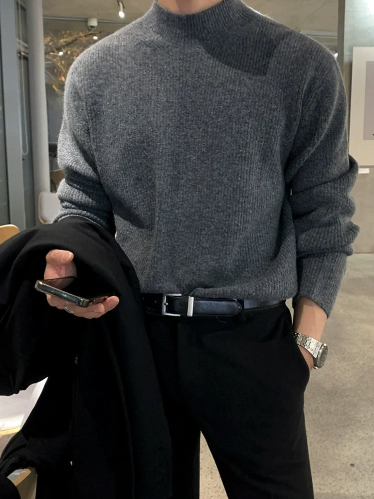 Autumn and winter semi-turtleneck sweater men's Korean trend solid color knitted sweater medium neck bottoming shirt warm inside