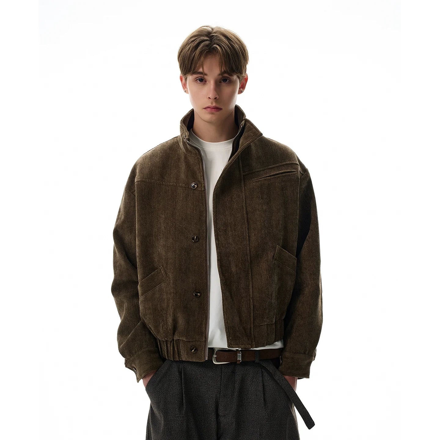 Vintage Barn brown textured stand-up collar jacket SIN0971