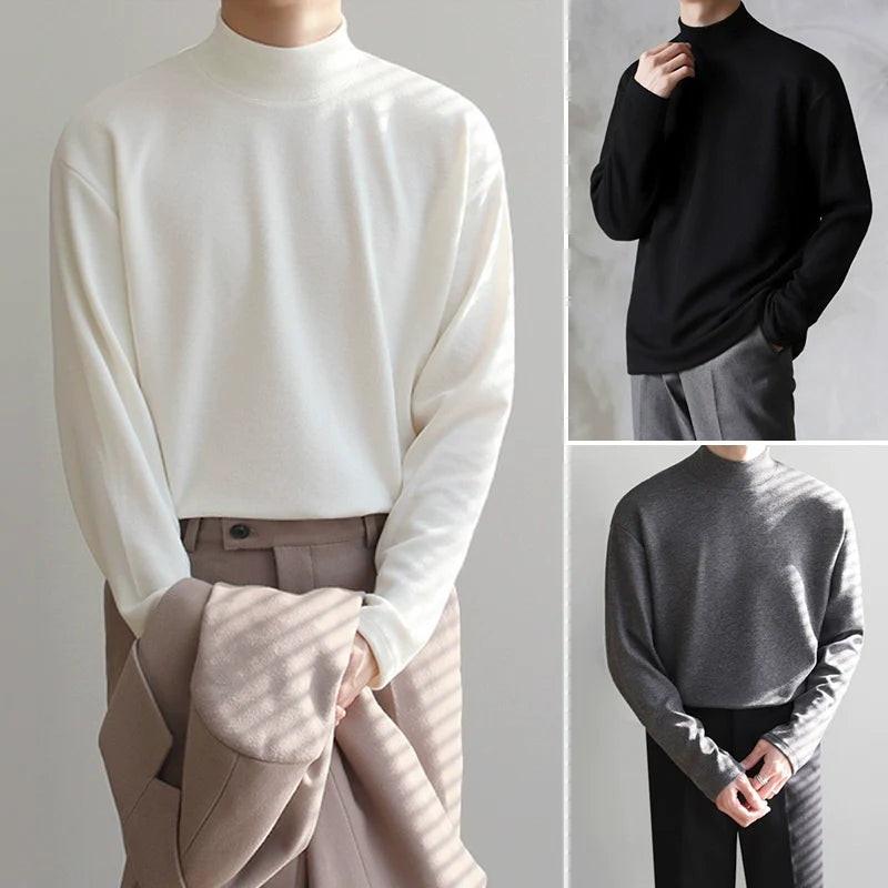 Winter and autumn top semi-turtleneck bottoming shirt men's pure cotton long-sleeved t-shirt with Korean trend t-shirt inside