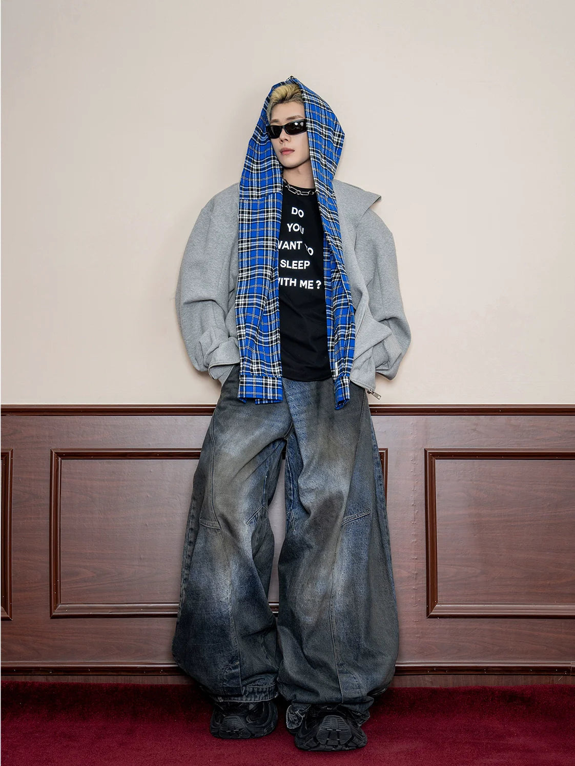 Old polished jeans men's summer street heavy design sense reversed waist wide-leg pants