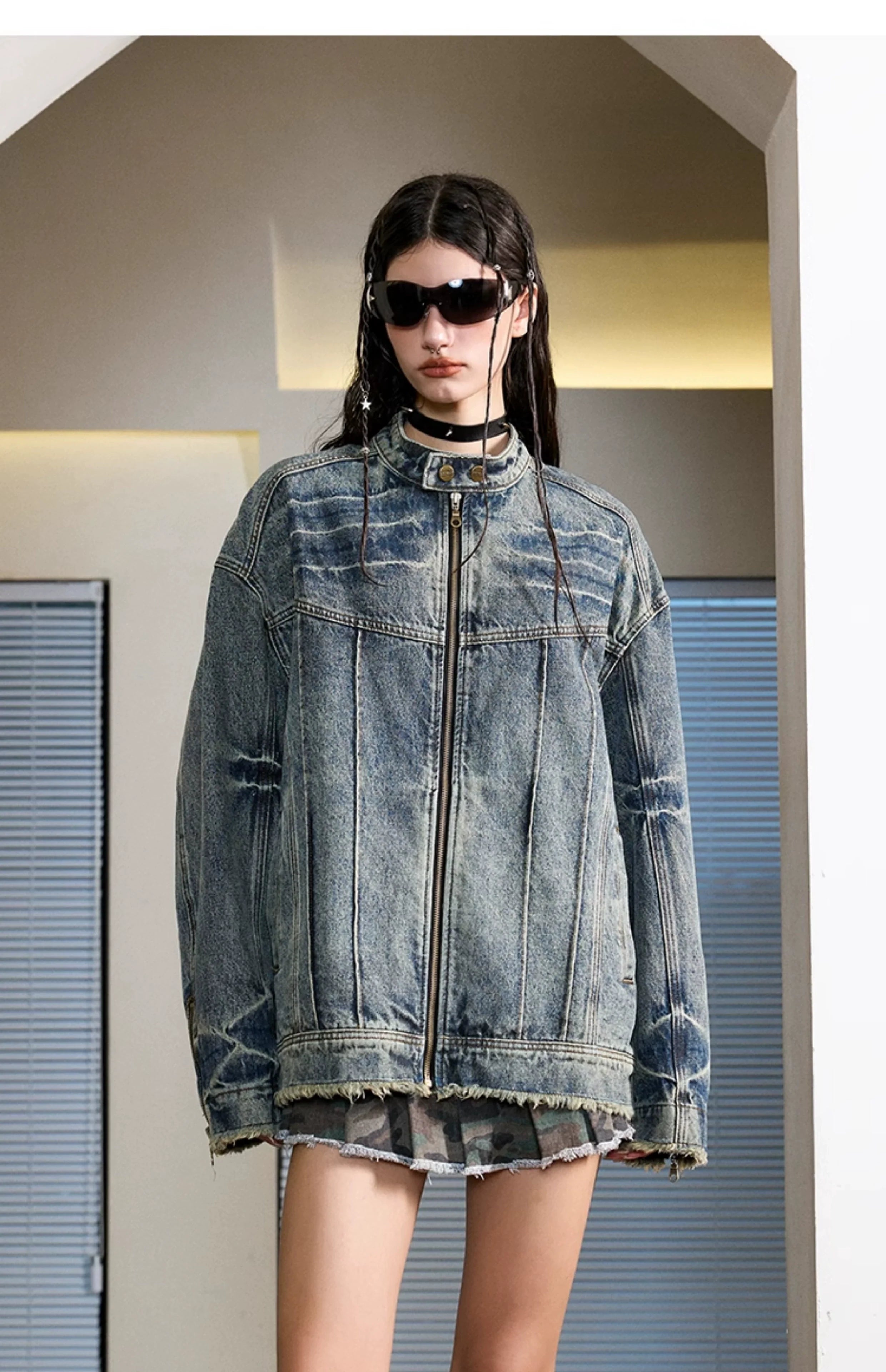 Heavy washed denim jacket American high street stand-up collar jacket SIN0992