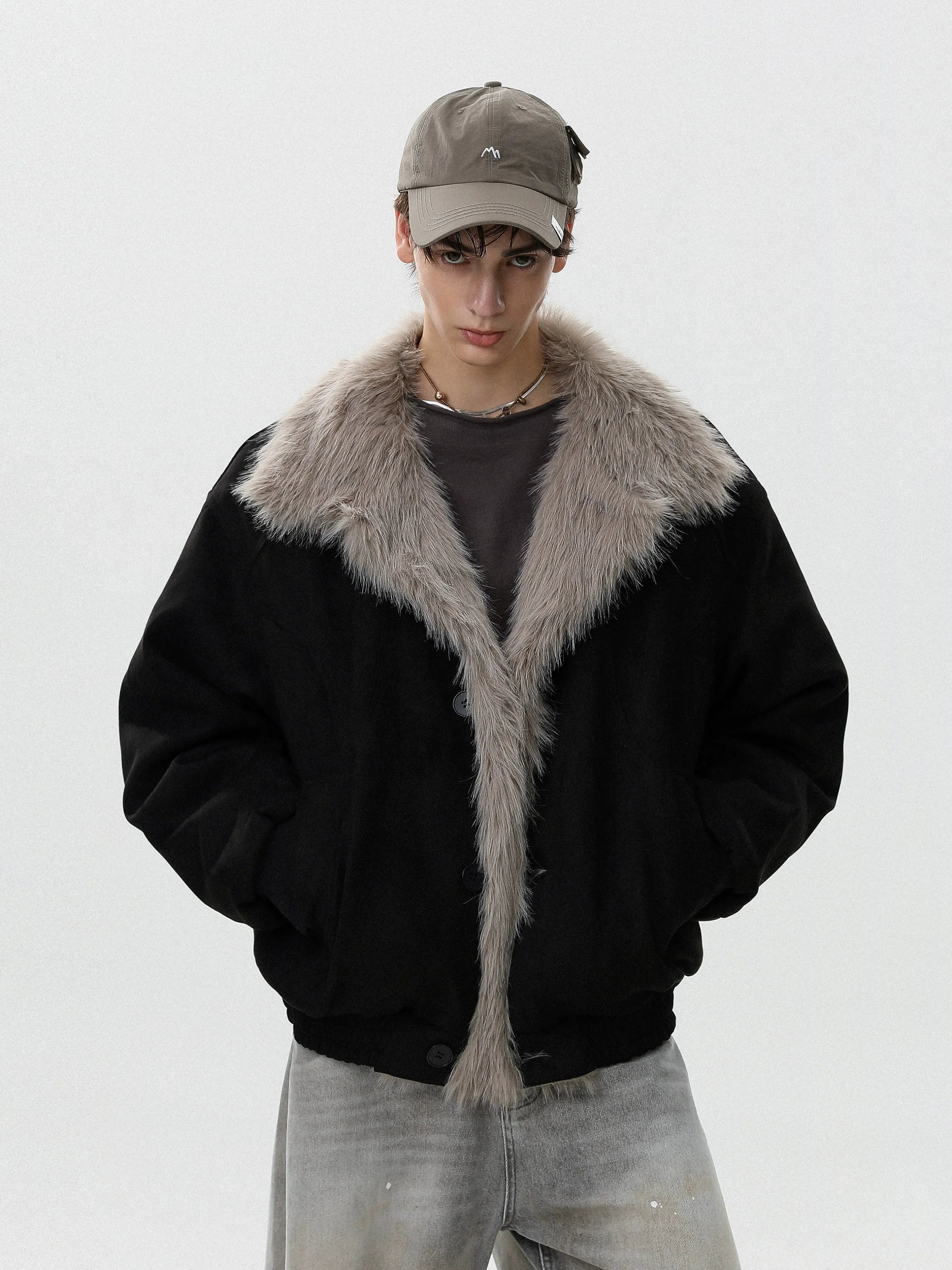 미국 레트로 스타일의 산악 조각 무늬 모조 모피 일체형 두툼한 라펠이 달린 따뜻한 면 재킷 트렌디한 디자인 