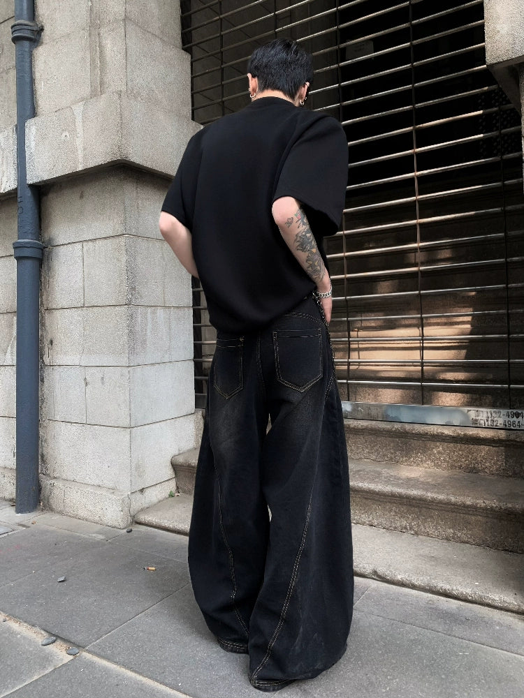 American high street lazy relaxation scimitar pants men's design sense cleanfit jeans high sense