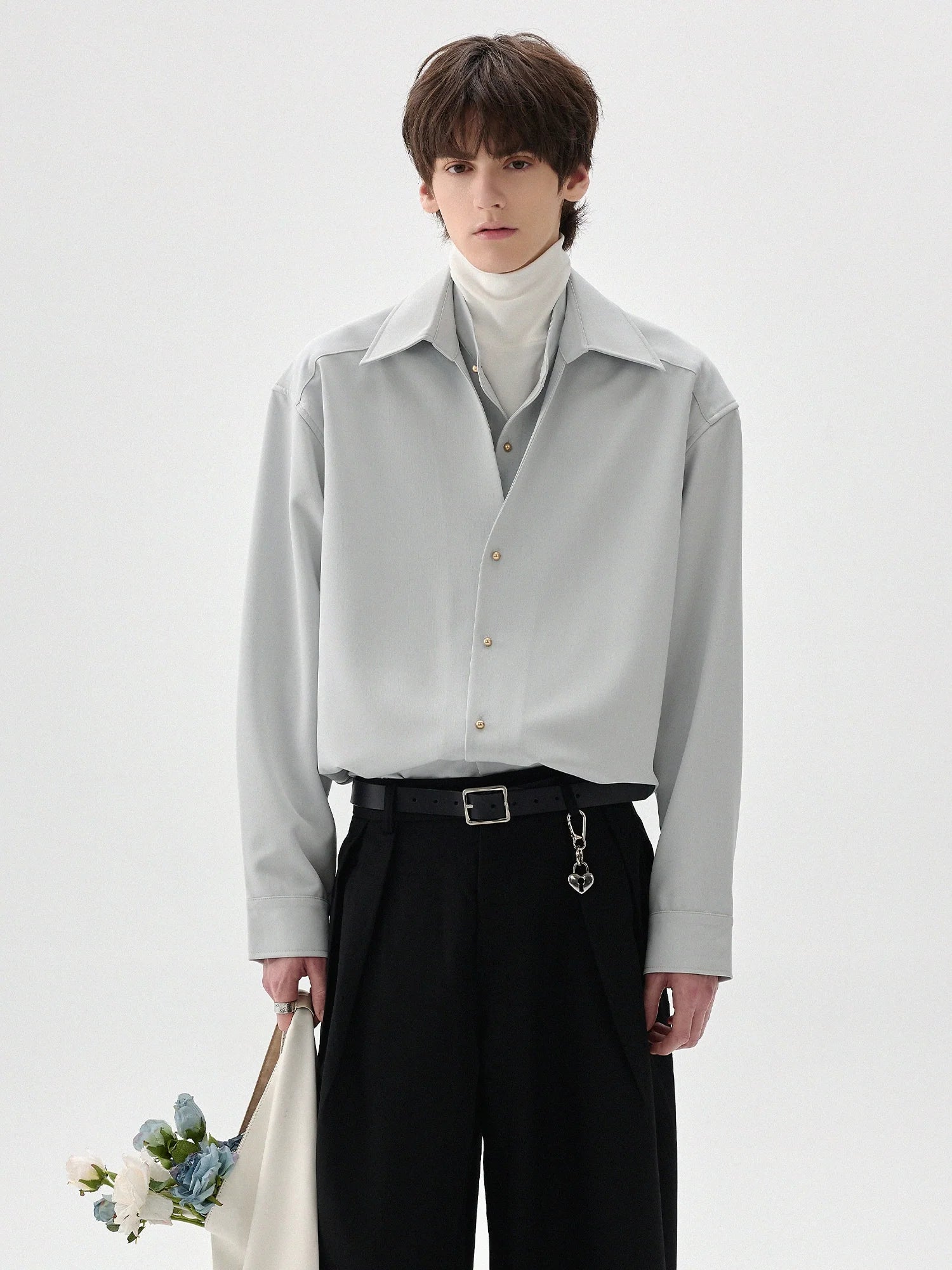 Men's high-end fake three and a half turtleneck shirts men's anti-wrinkle long-sleeved shirts with trendy insides