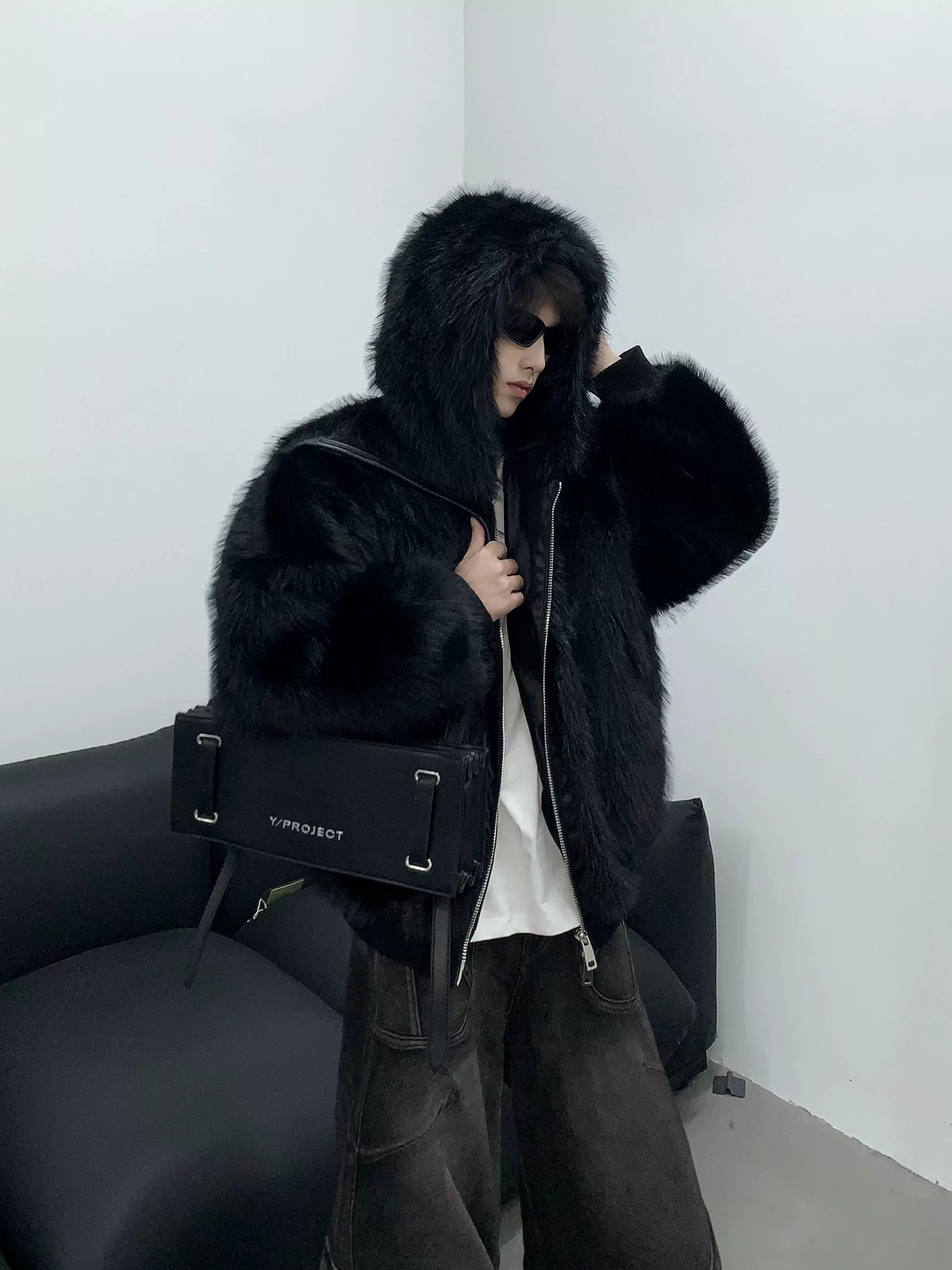 Winter thickened warm plush hooded mink jacket men's imitation fur cleanfit mink cotton jacket