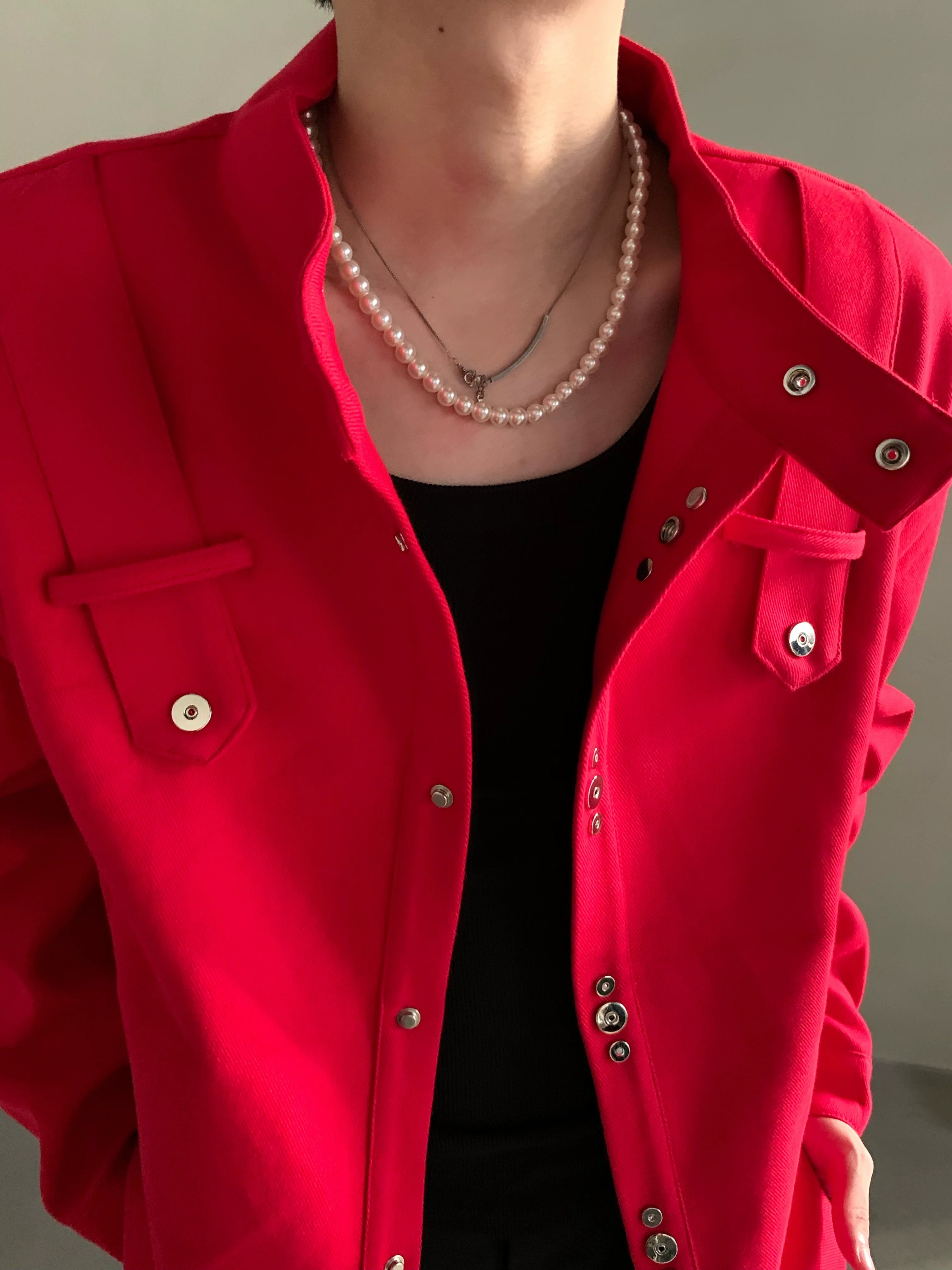 Niche high-end Barn style red shoulder padded jacket jacket men's ruffian handsome loose short top