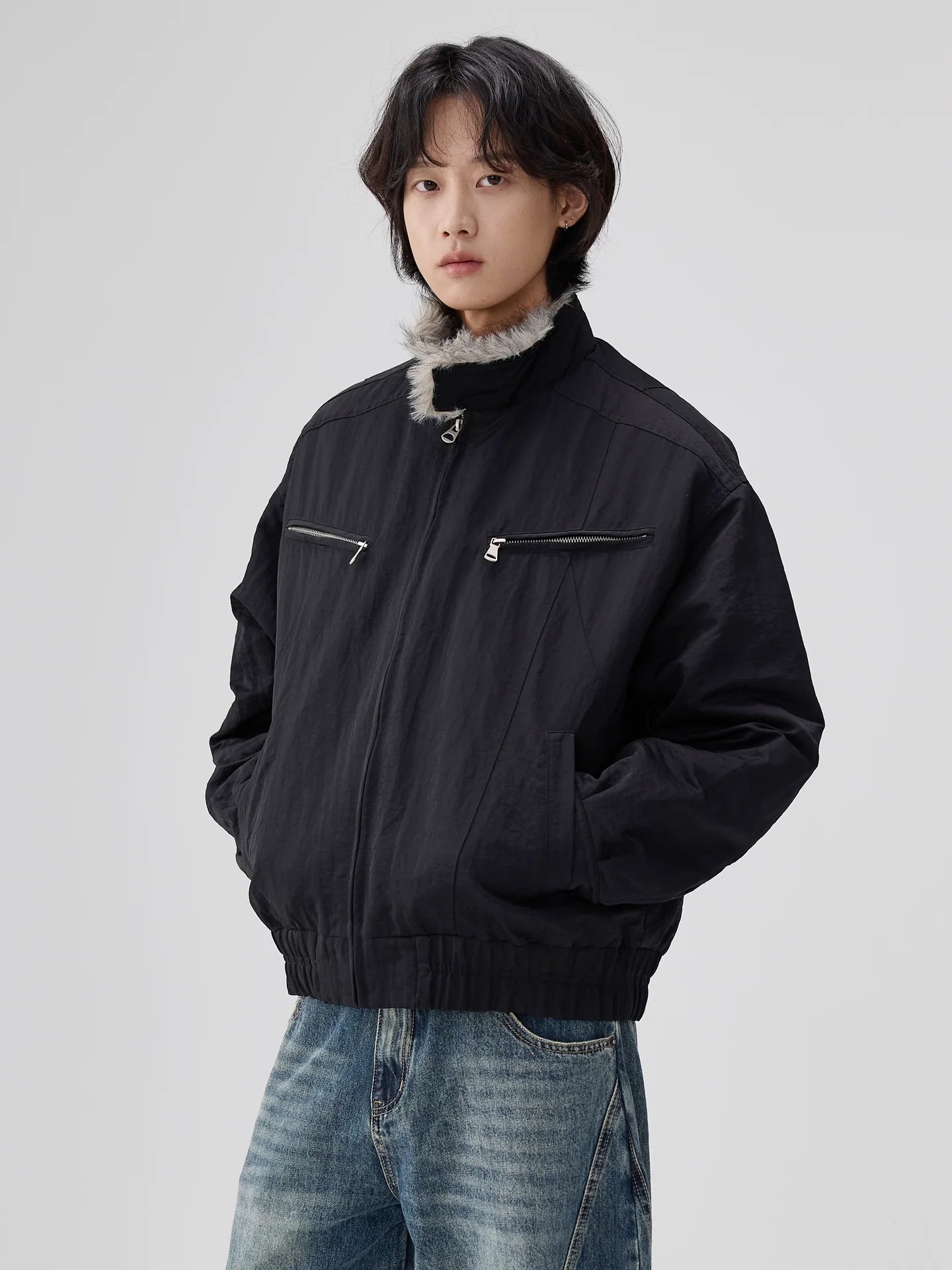 Vintage autumn and winter mountain carving jacket, imitation wolf hair Harrington deconstructed cotton coat for men and women