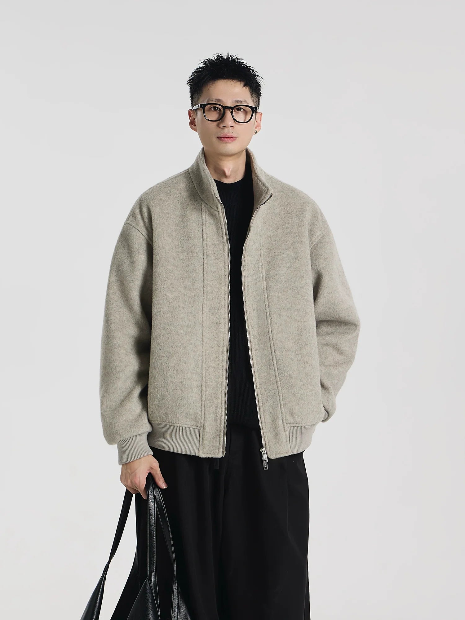 Custom-woven wool-blend woolen short silhouette loose stand-up collar fashion jacket
