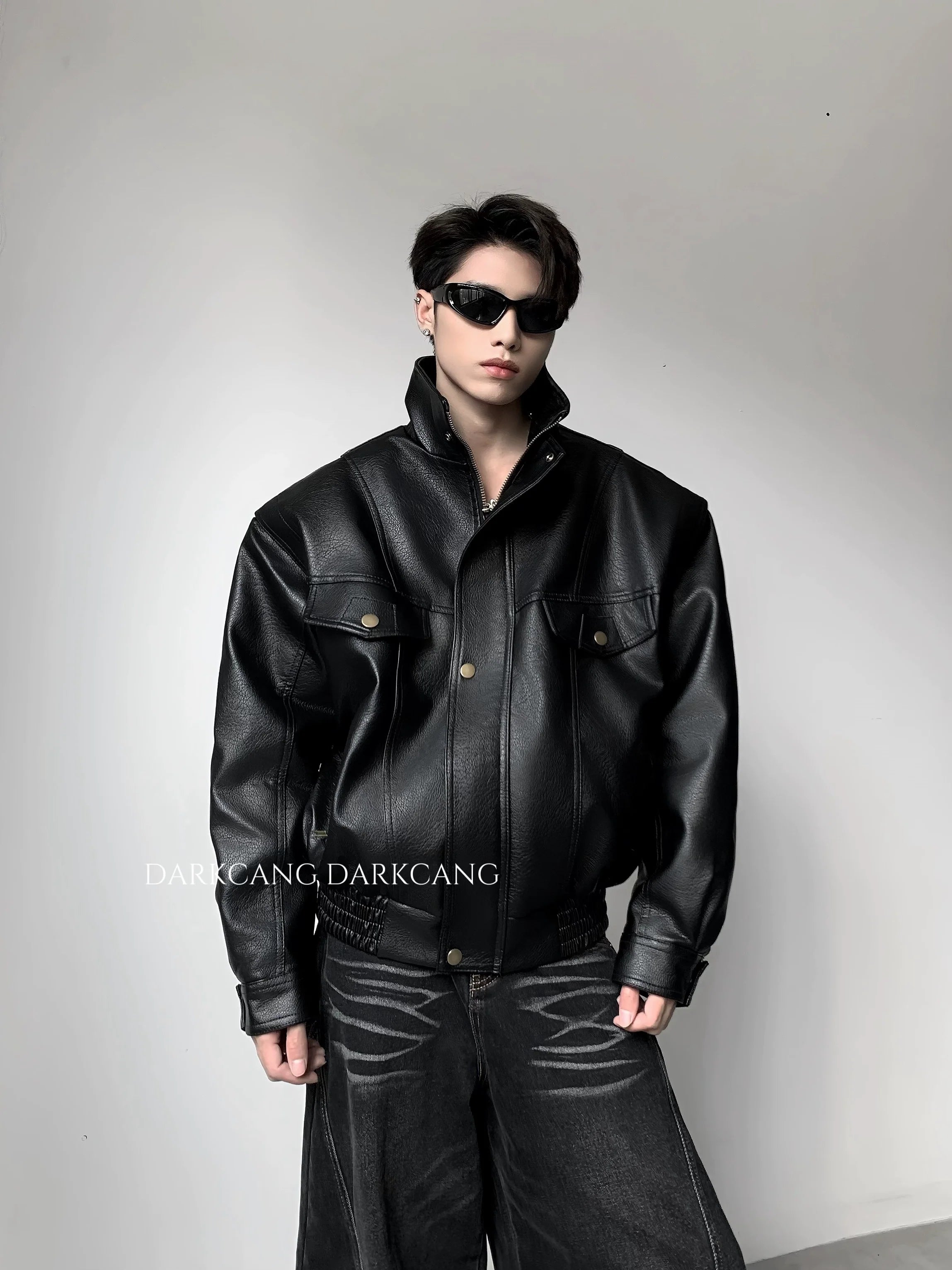 가볍고 고급스러운 두툼한 스탠드업 칼라, 면 안감 가죽 재킷, 남성용 겨울 의류, 중장년층 감각의 멋스럽고 깔끔한 핏 재킷 