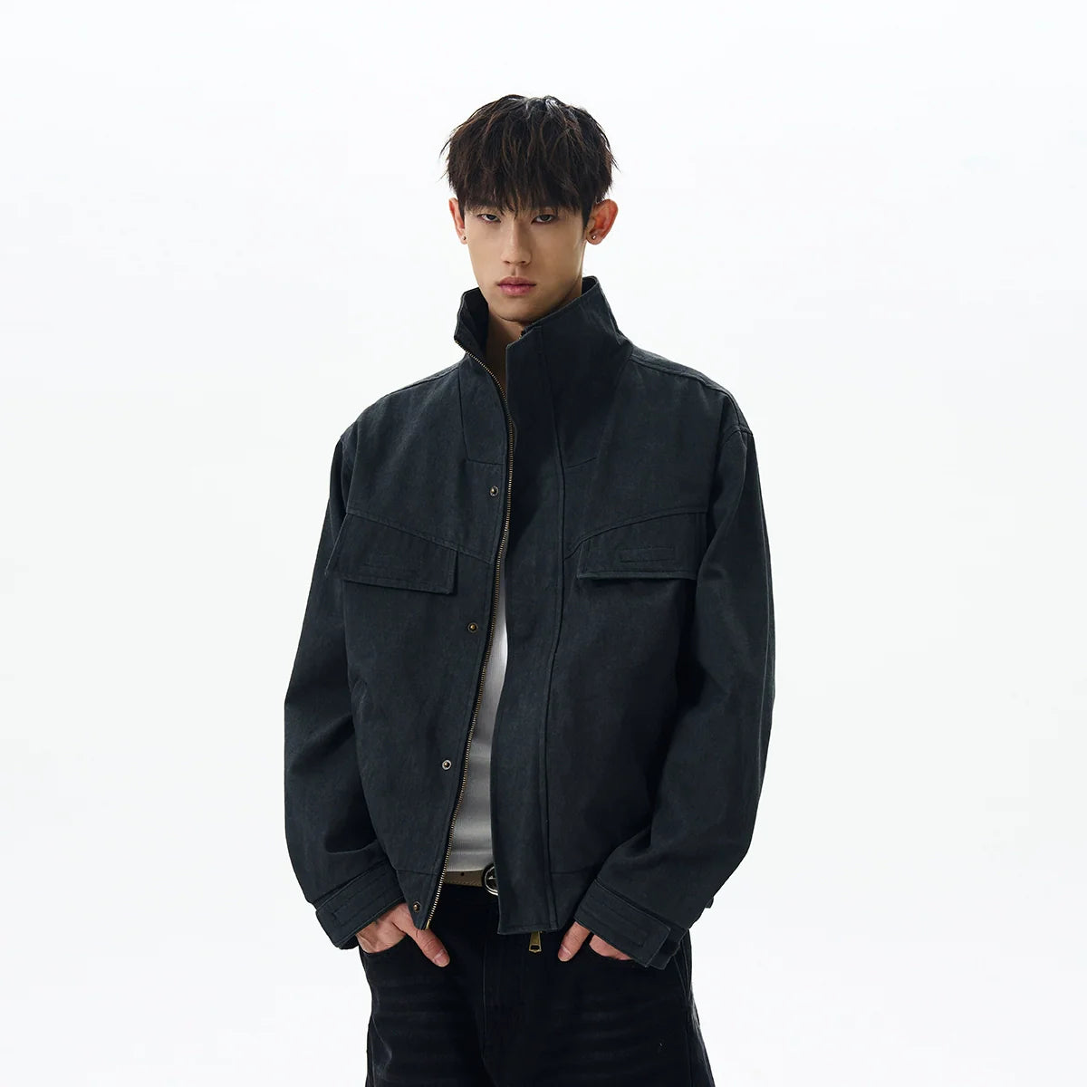 Vintage old cleanfit deconstruction stand-up collar jacket trendy short tooling jacket SIN0972