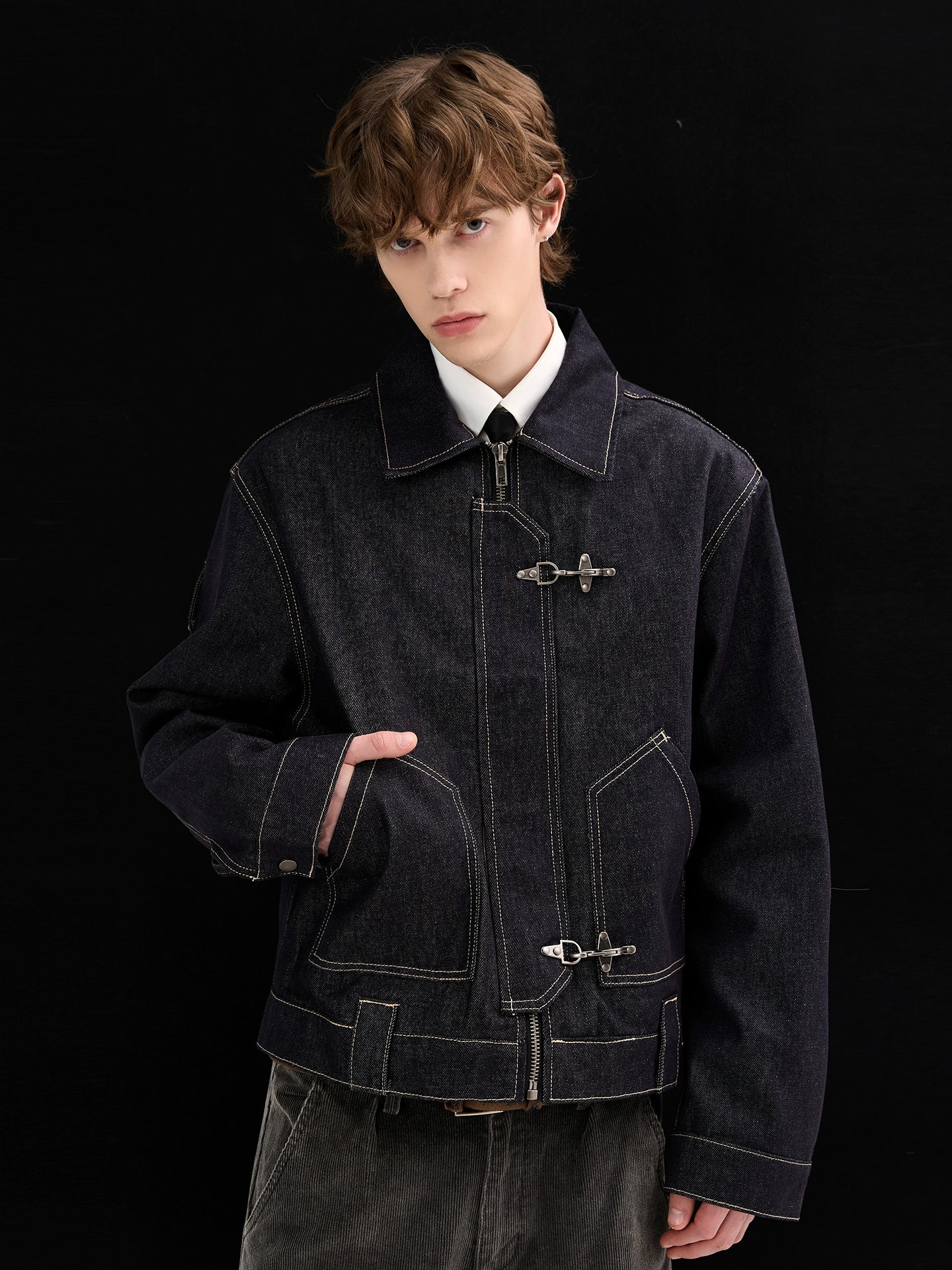 Vintage washed old plane buckle original cow jacket SIN0953