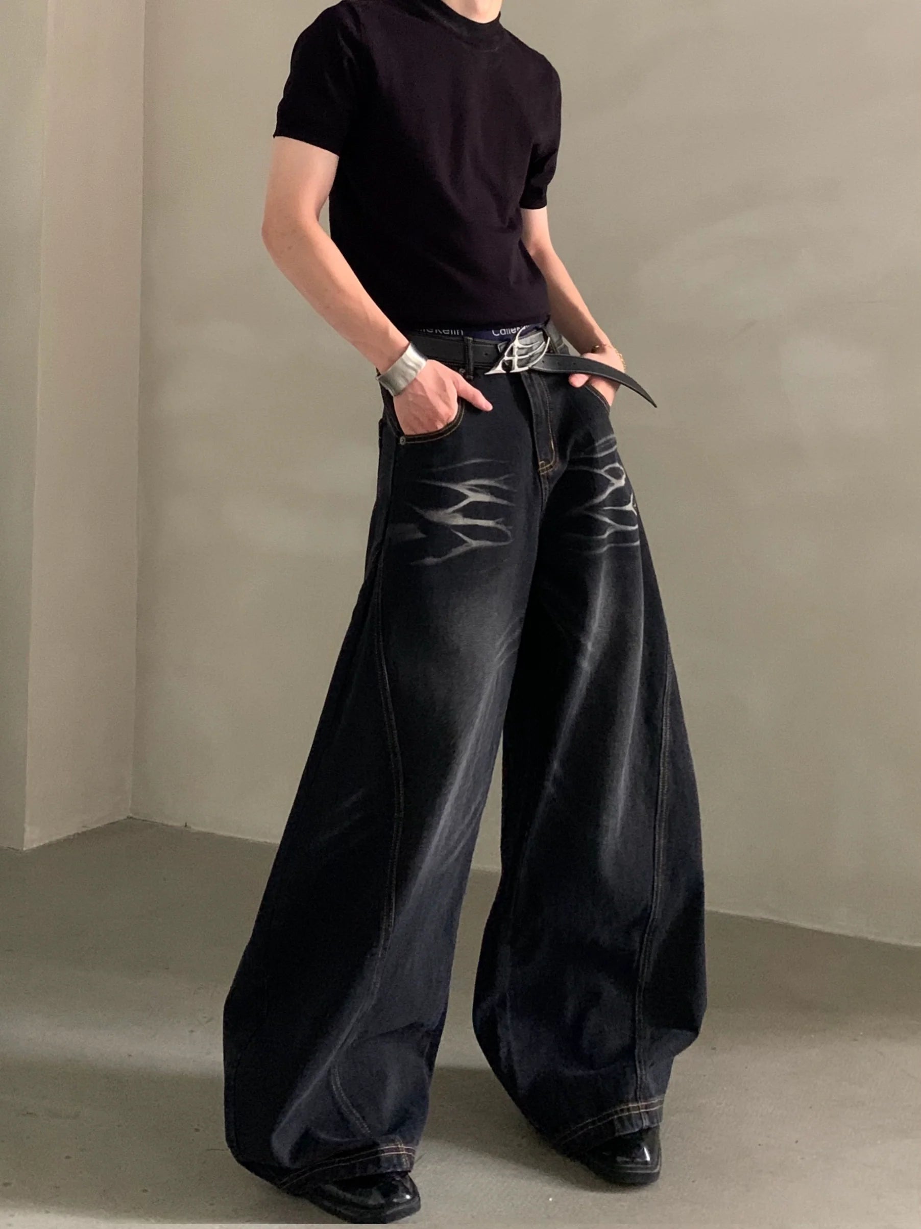 Niche design wide-leg scimitar jeans medium and high waist loose heavy drop floor pants