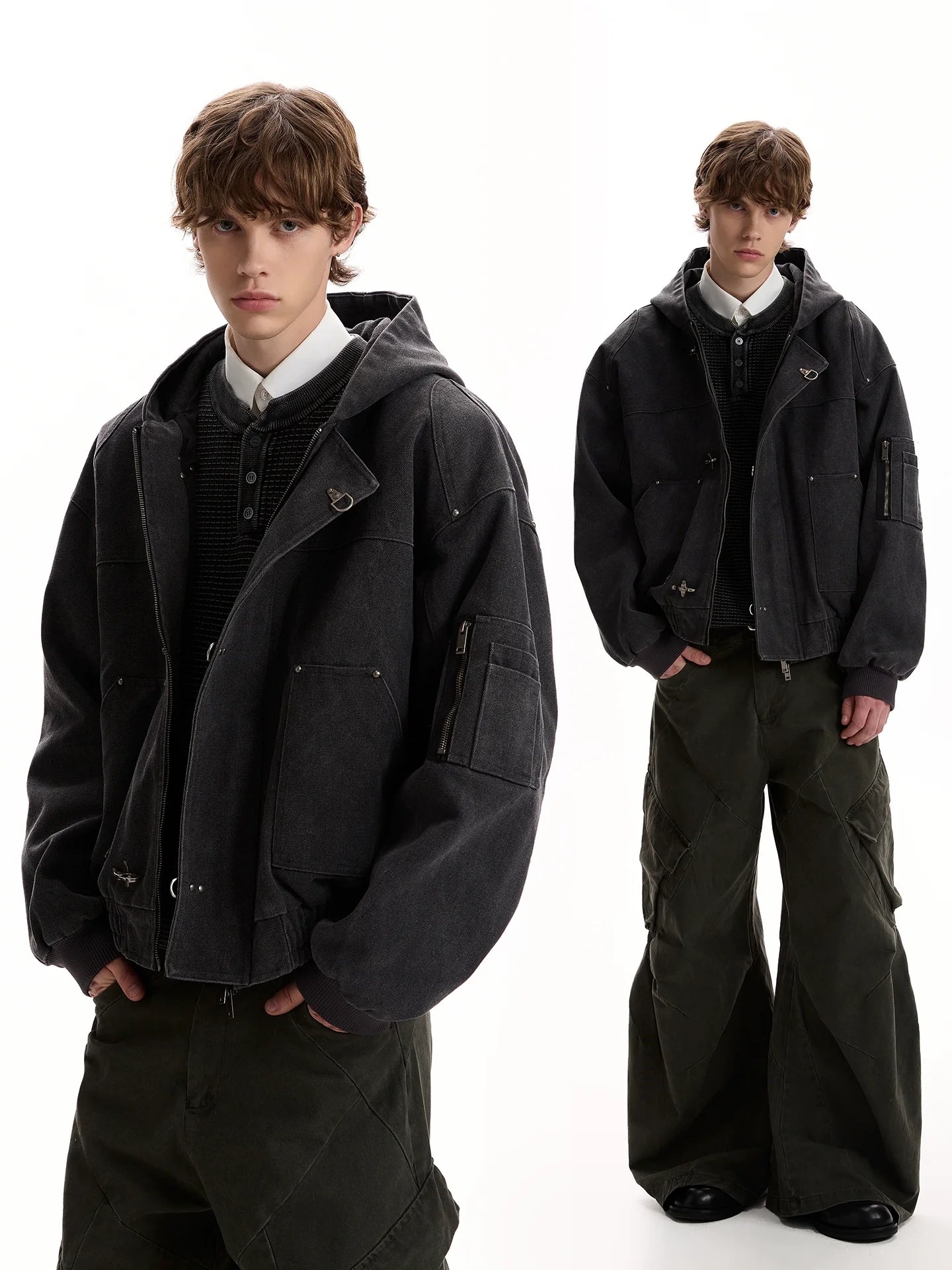 Vintage washed old plane buckle design hooded jacket SIN0952