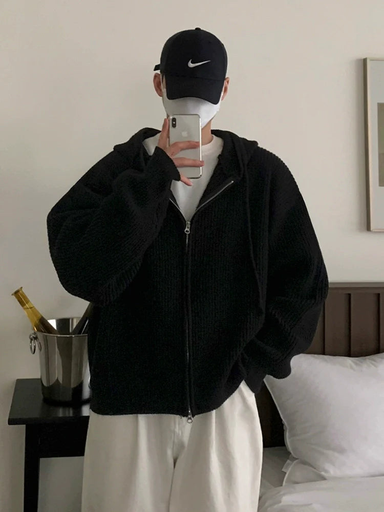 Lazy wind hooded knitted sweater jacket men's autumn and winter commuting wear Korean loose high-end sweater