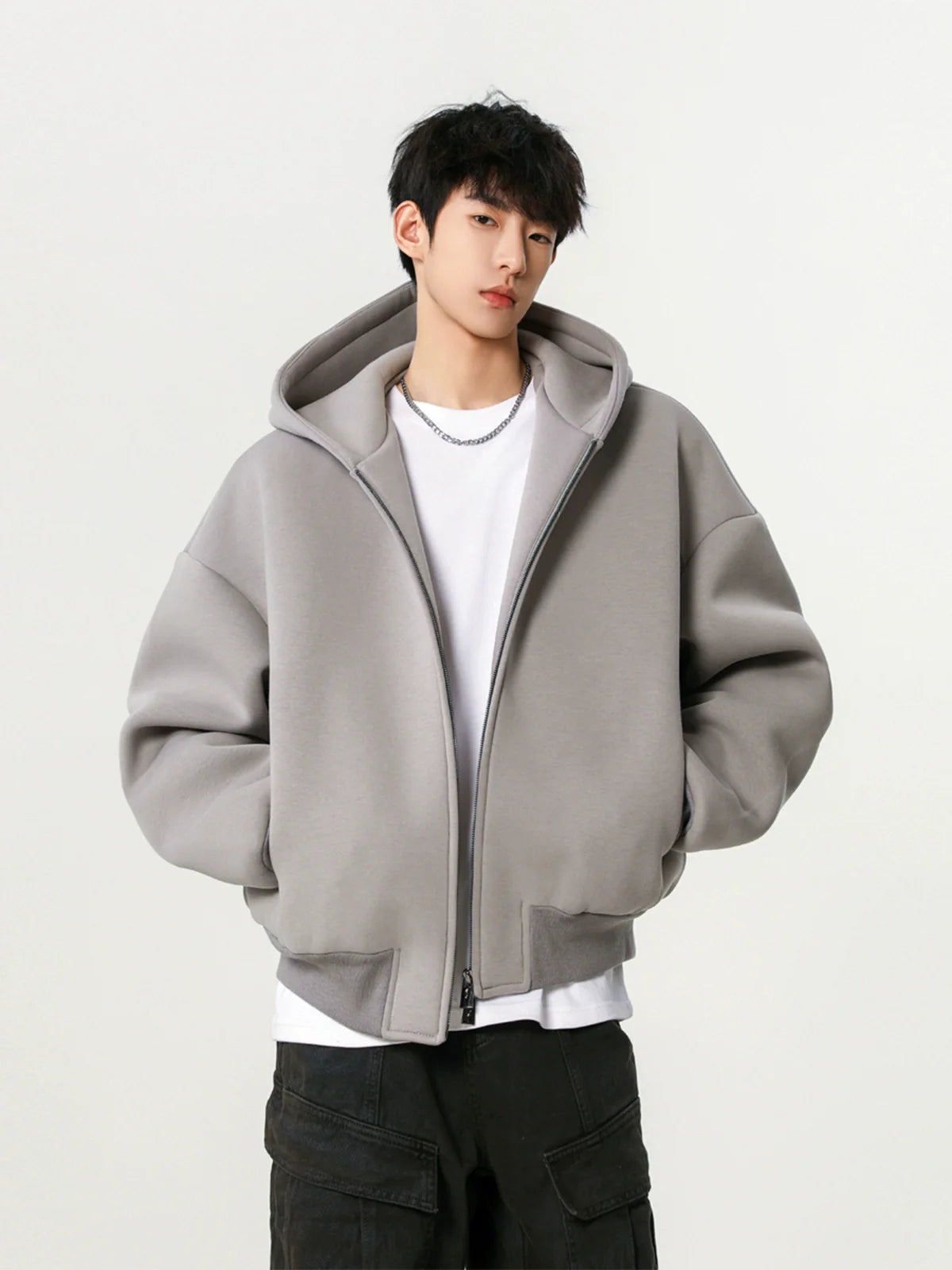 Heavy silhouette cardigan sweater men's spring and autumn new double zipper design hooded fashion short casual coat