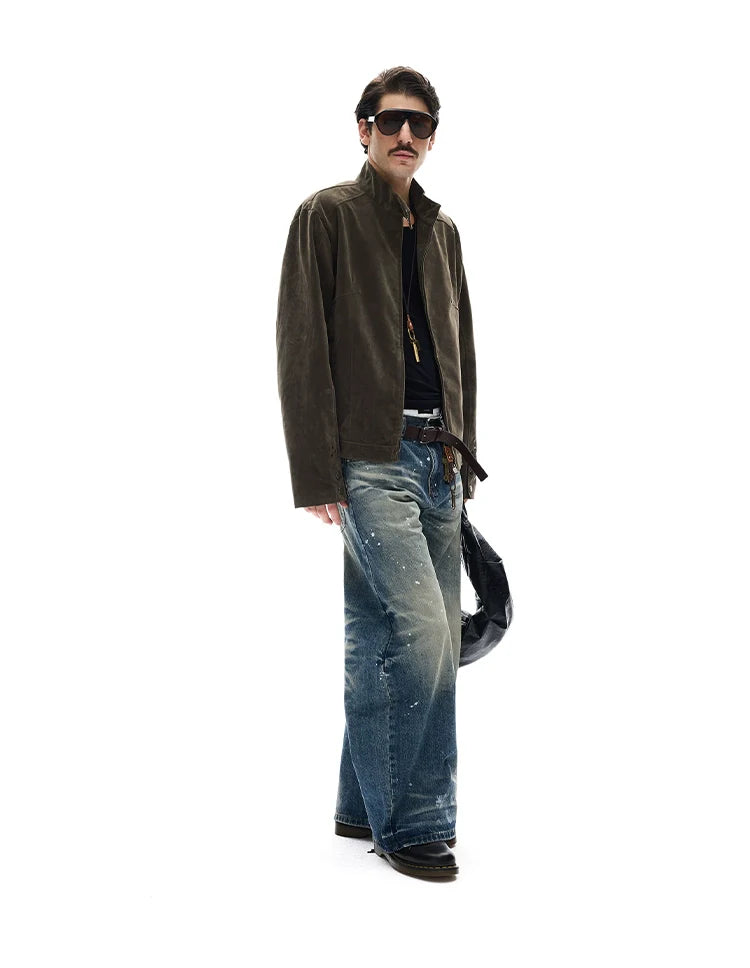 모던 스트리트 레트로 스웨이드 툴링 스탠드업 칼라 재킷, 남녀공용 캐주얼 디컨스트럭션 스플라이싱 숏 코트 