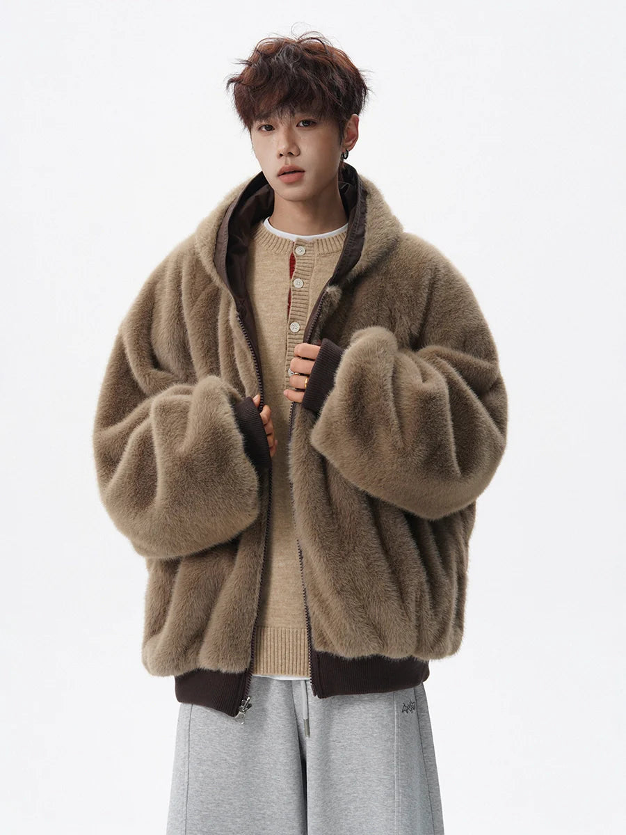 American mountain carving fleece hooded cotton-padded jacket men's winter new trendy brand loose retro thickened warm cotton clothes