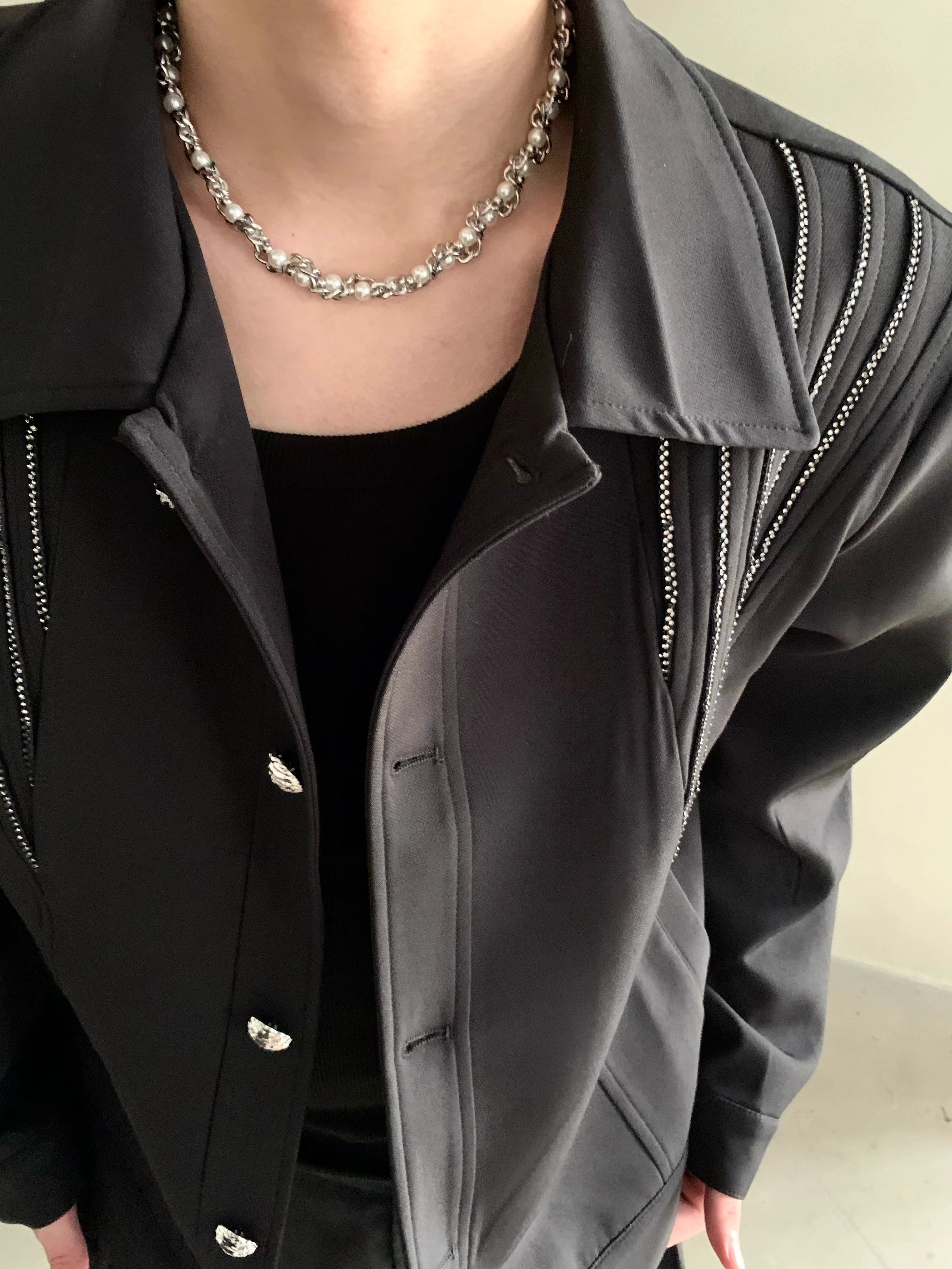 Autumn and winter niche high-end light luxury hot diamond design shoulder padded jacket jacket men's ruffian handsome top tide