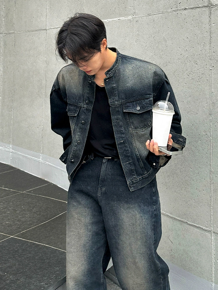 Ruffian handsome retro stand-up collar denim jacket men's spring and autumn loose wide-leg jeans Korean fashion suit