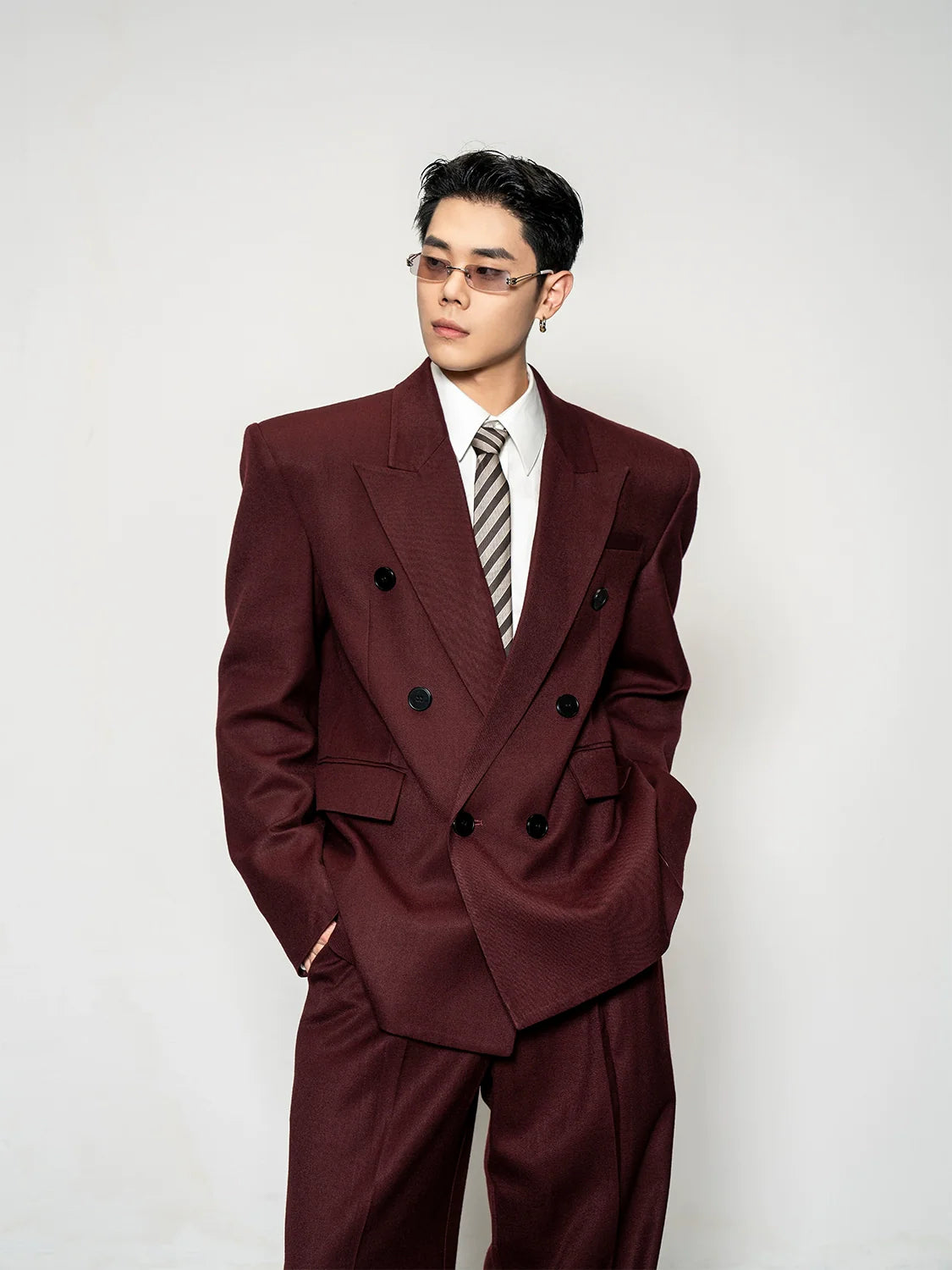 High quality wool overturned shoulder suit jacket men's loose and wide trousers two-piece set