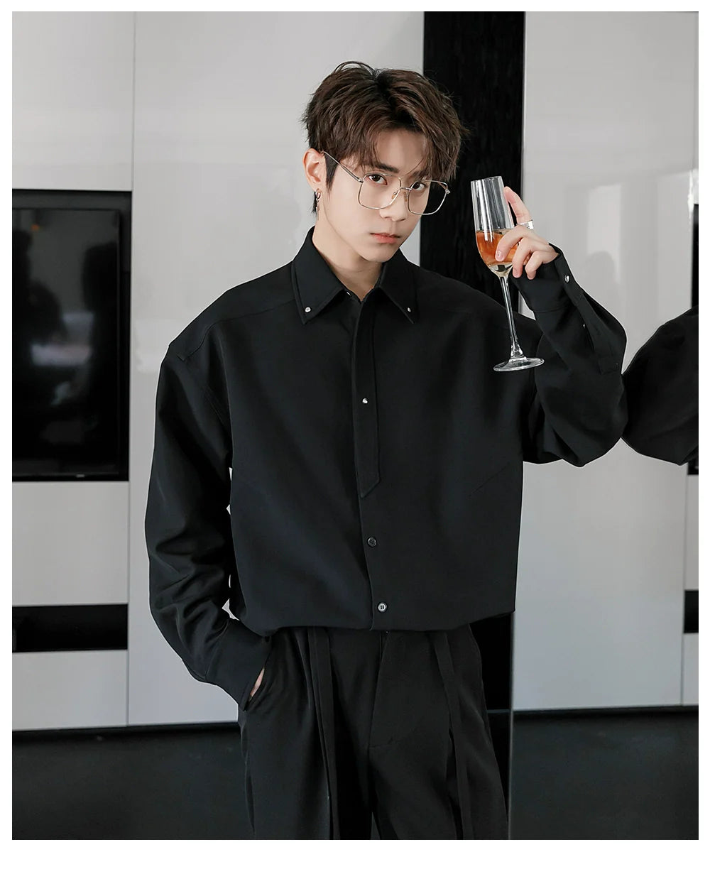 Men's Loose Casual Lapel Shirt Men's Solid Color Premium Tie Long Sleeve Shirt