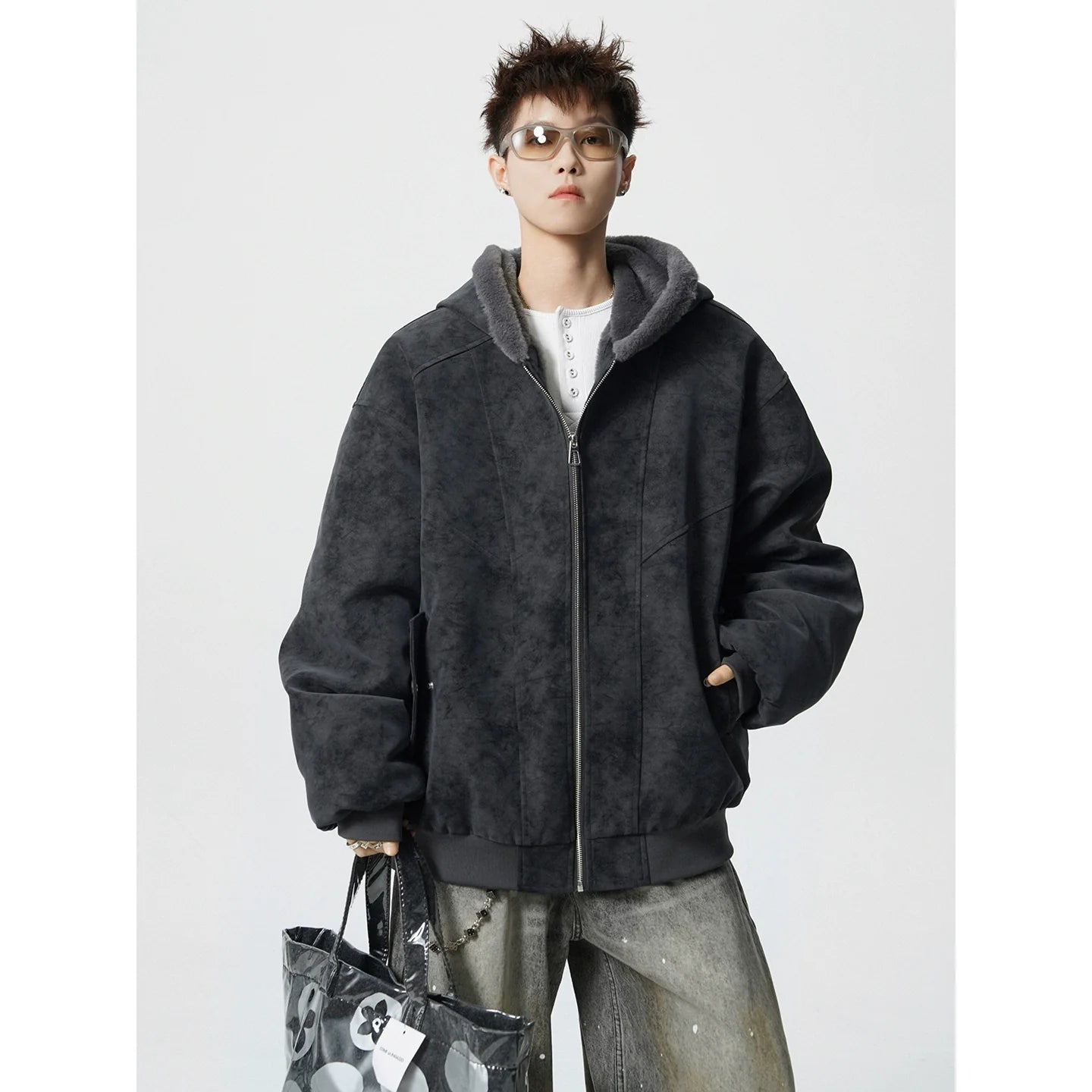 American velvet seat mountain carving cotton-padded jacket men's winter new trendy brand loose high street thickened warm hooded cotton jacket