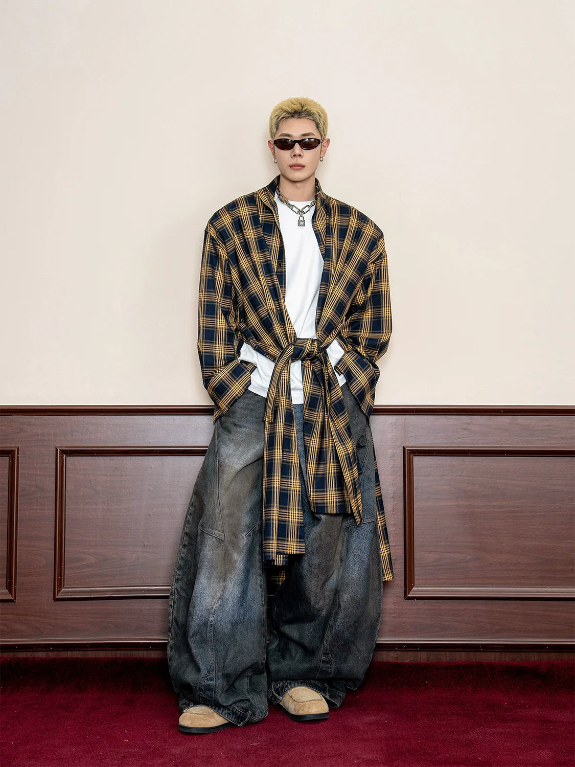 Old polished jeans men's summer street heavy design sense reversed waist wide-leg pants