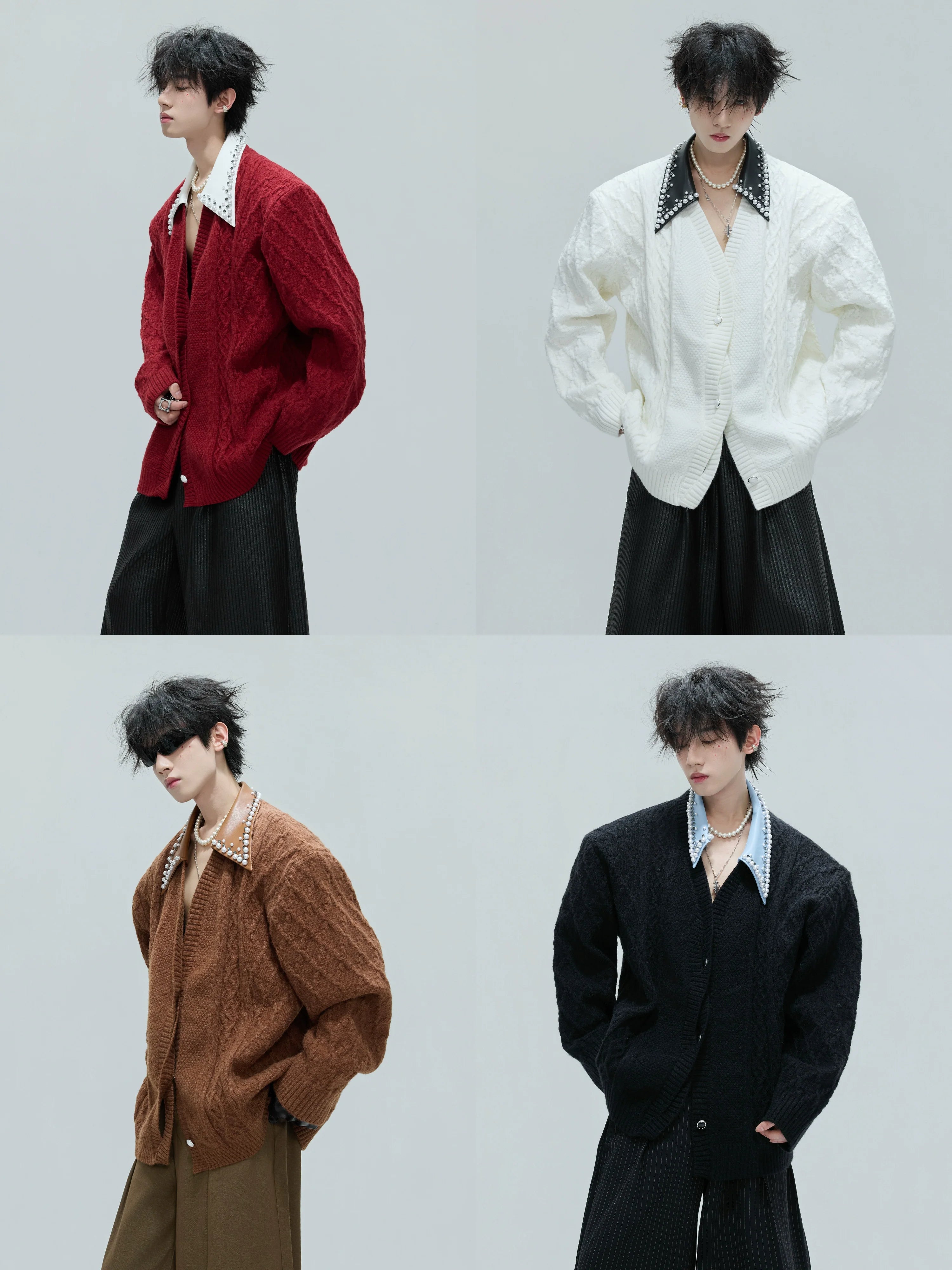 Extravagant fake two-piece sweater retro handmade pearl thickened lapel knitted cardigan