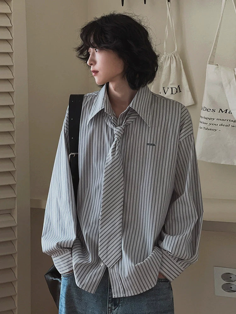 [Free Tie] College Striped Long Sleeve Shirt Men's Spring Loose Casual Shirt Korean Commuter DK Inside