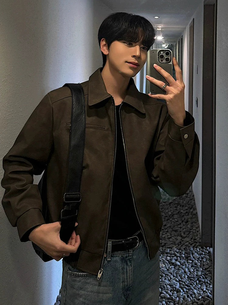 American retro short leather jacket men's autumn loose lapel leather jacket Korean trend ruffian handsome locomotive clothing