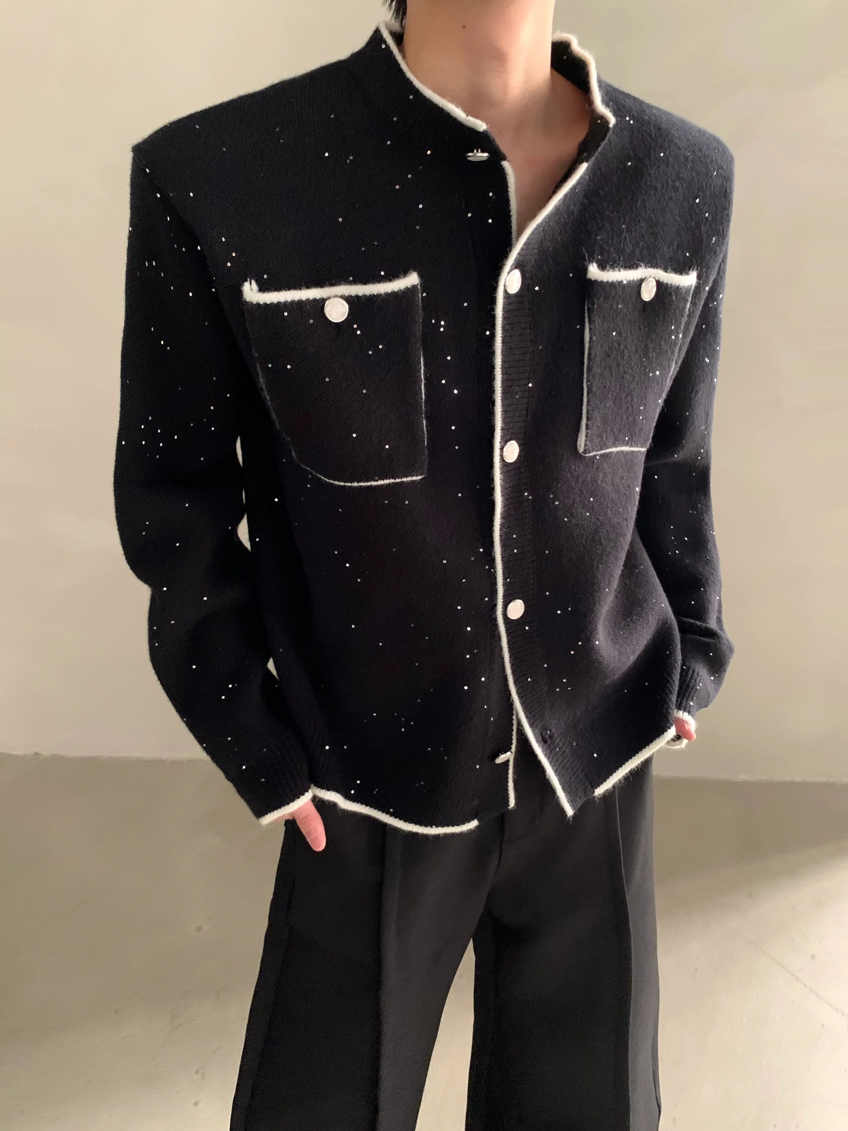 Autumn and winter light luxury high-end sense small fragrant wind contrasting color stand-up neck knitted cardigan men's button sweater jacket