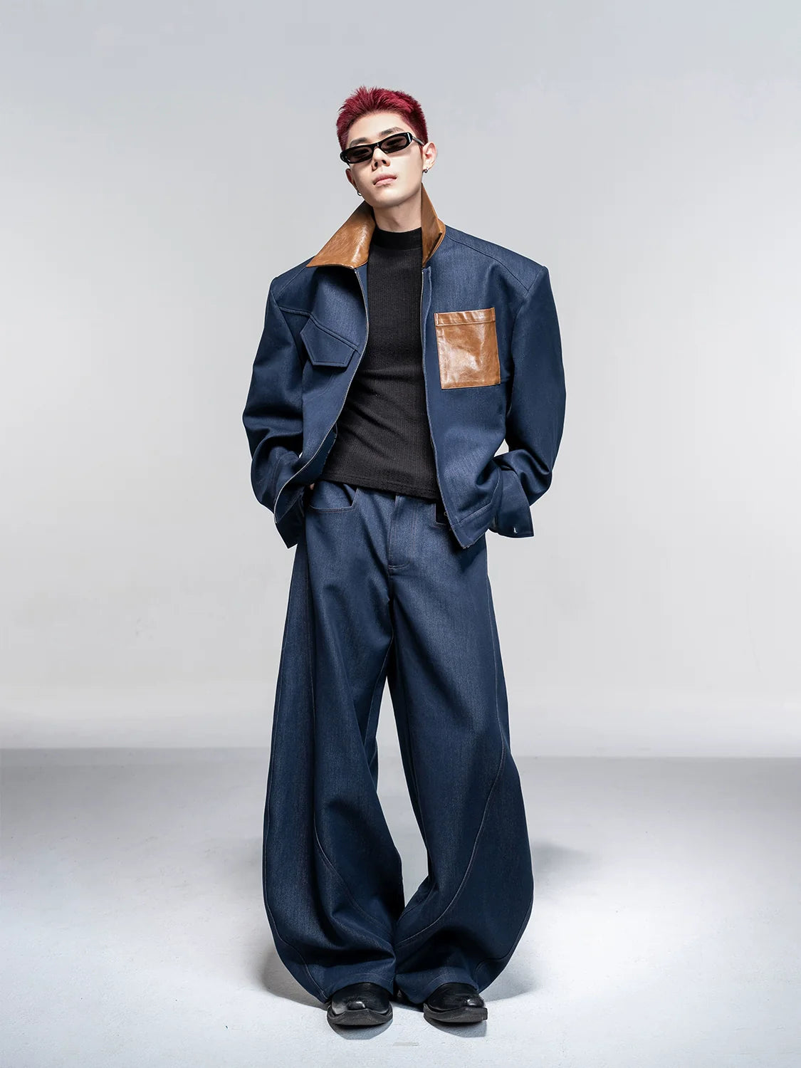 Leather shoulder pads American short jacket jacket men's deconstruction loose scimitar pants casual suit