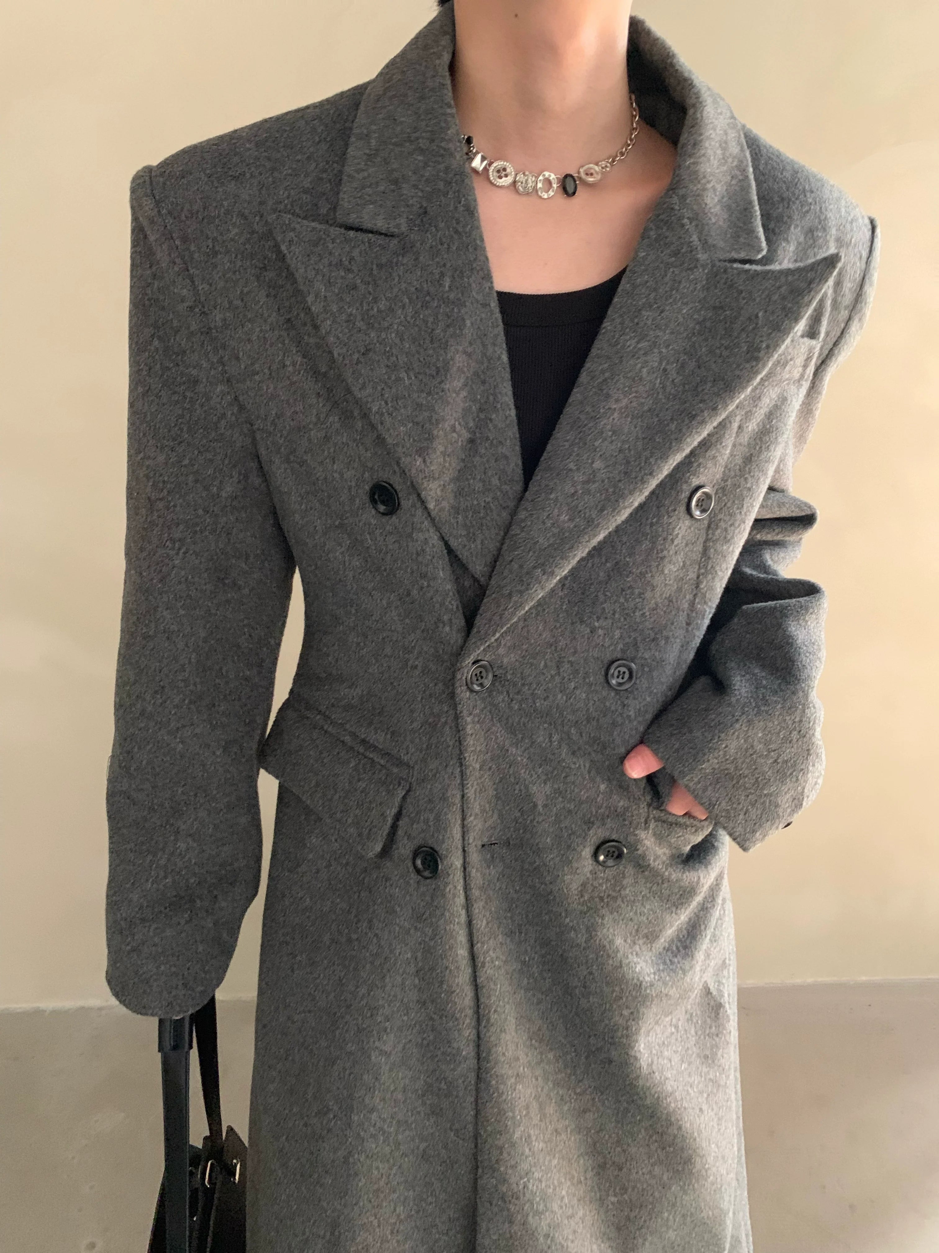 Winter niche shoulder padded silhouette woolen coat men's long double-breasted premium trench coat