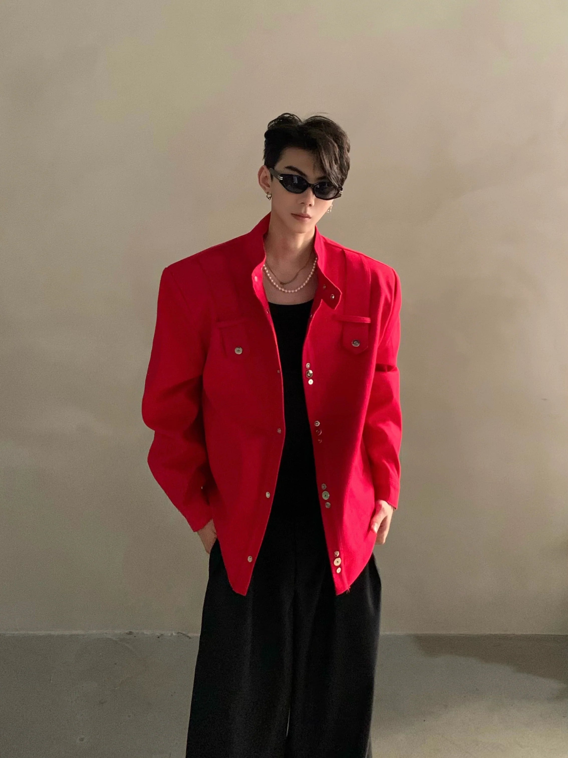 Niche high-end Barn style red shoulder padded jacket jacket men's ruffian handsome loose short top