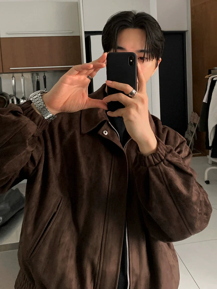 Suede lapel short jacket men's winter loose thickened jacket Korean commuter style wear