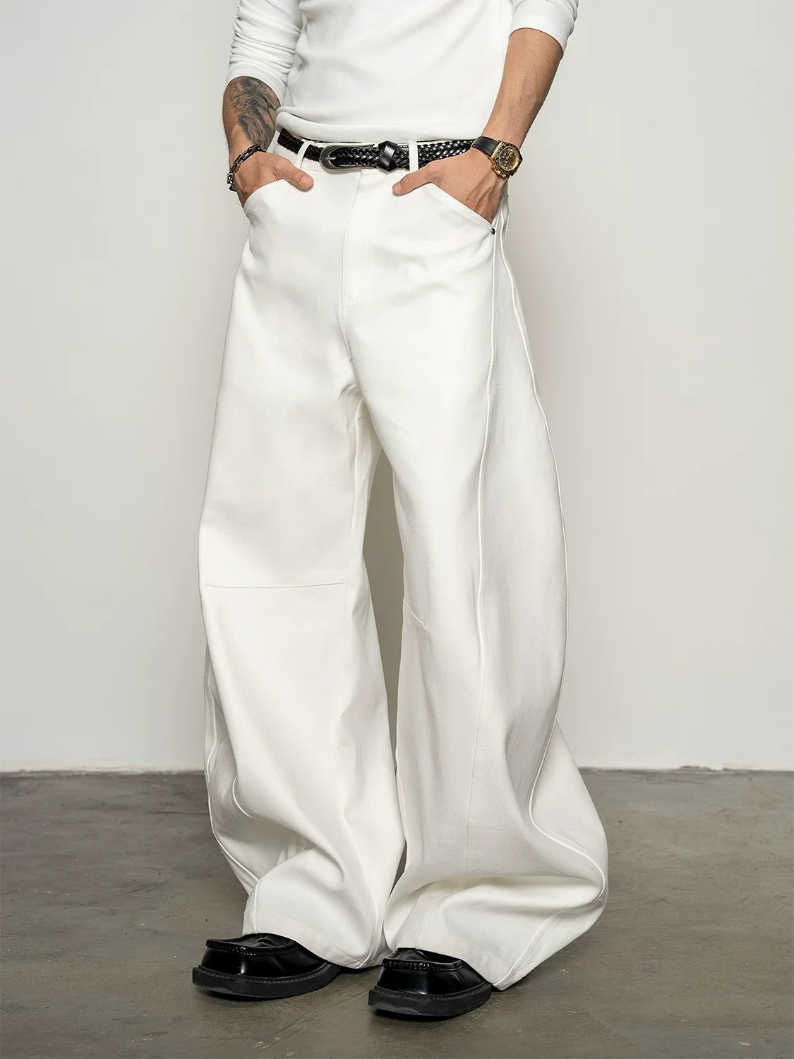 Deconstruction splicing milk silk white high-waisted scimitar pants anti-wrinkle loose wide-leg casual pants