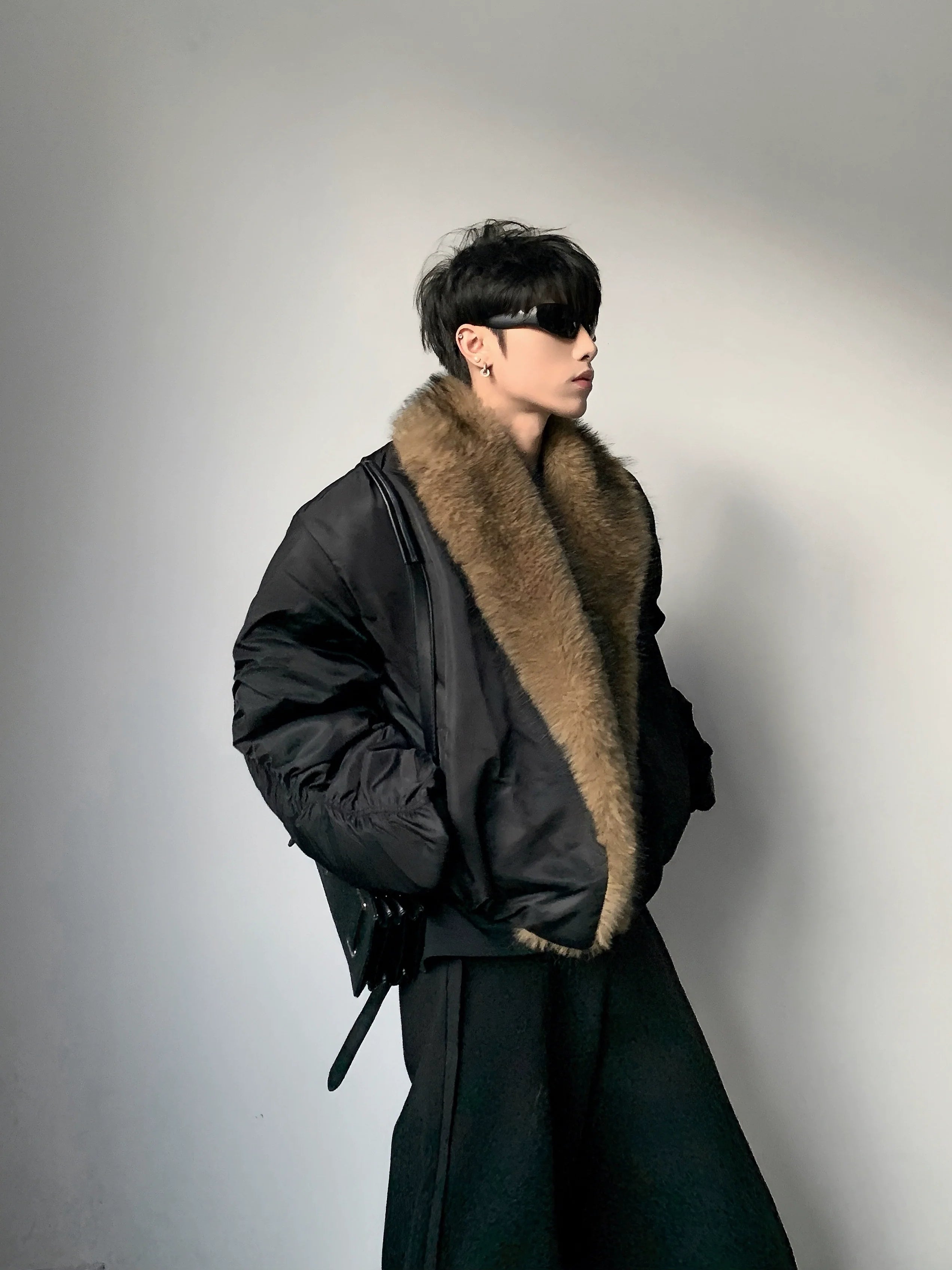 High sense big fur collar seat mountain carving jacket men's winter niche design sense cleanfit cotton clothes tide