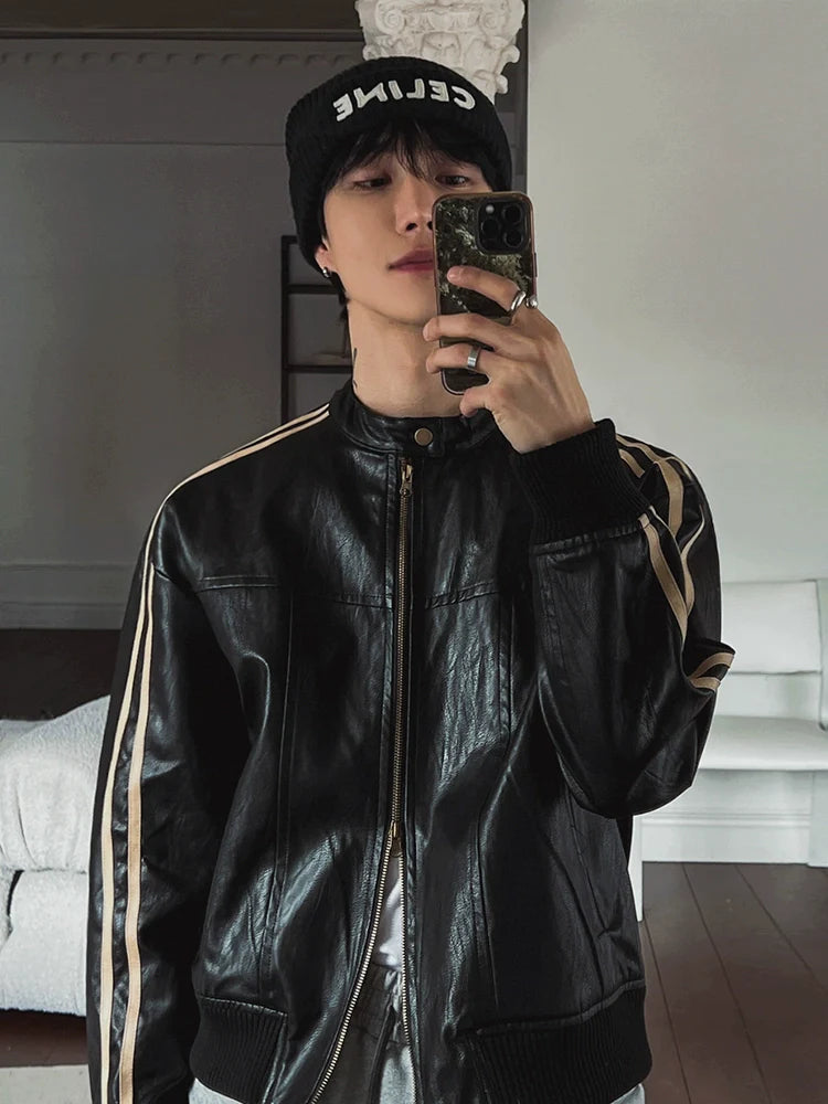 Maillard style leather jacket men's autumn loose stand-up collar top Korean trend motorcycle leather jacket