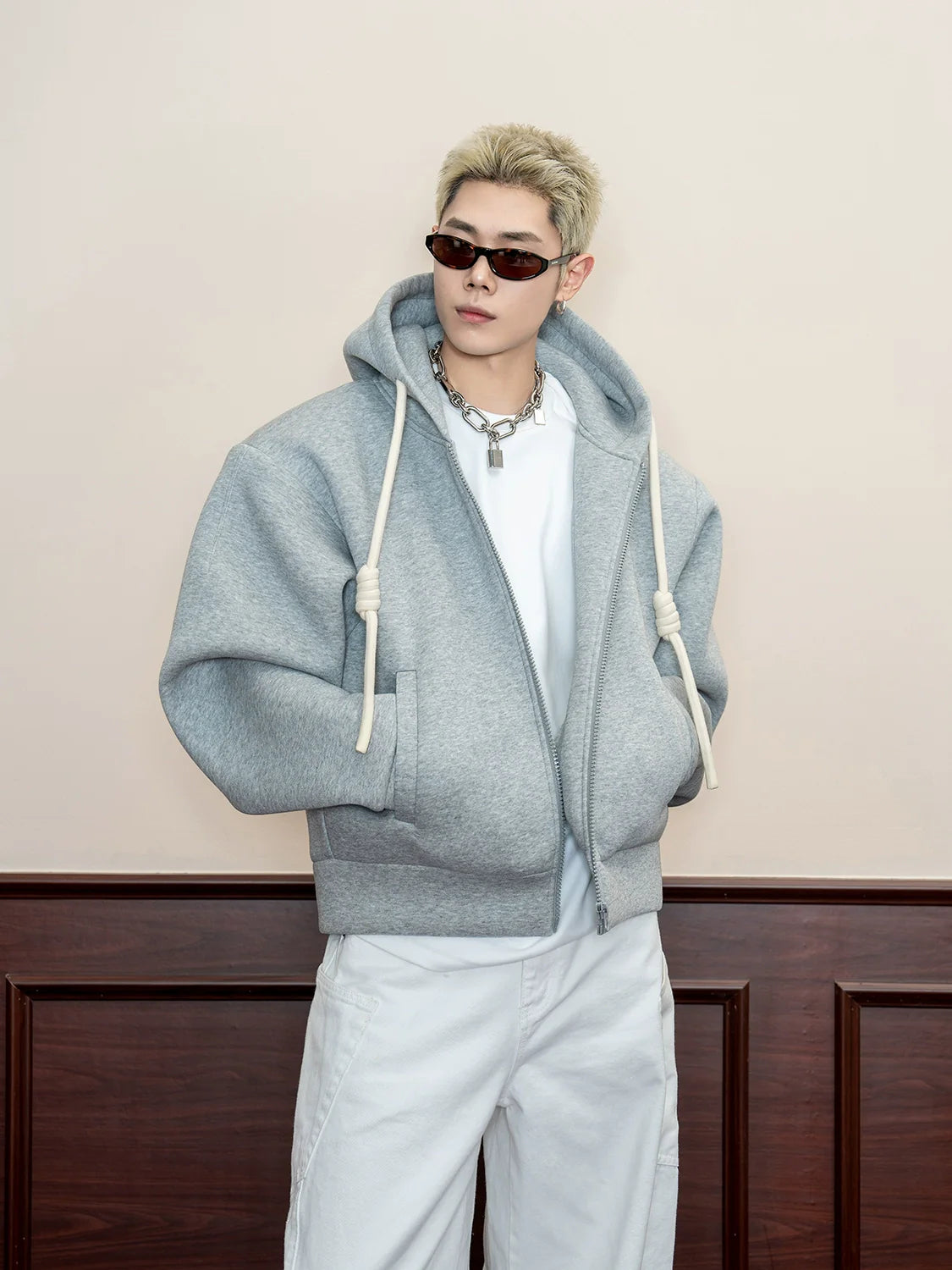 Handmade braided rope solid color hooded American casual sweater men's spring 500g heavy loose cardigan jacket