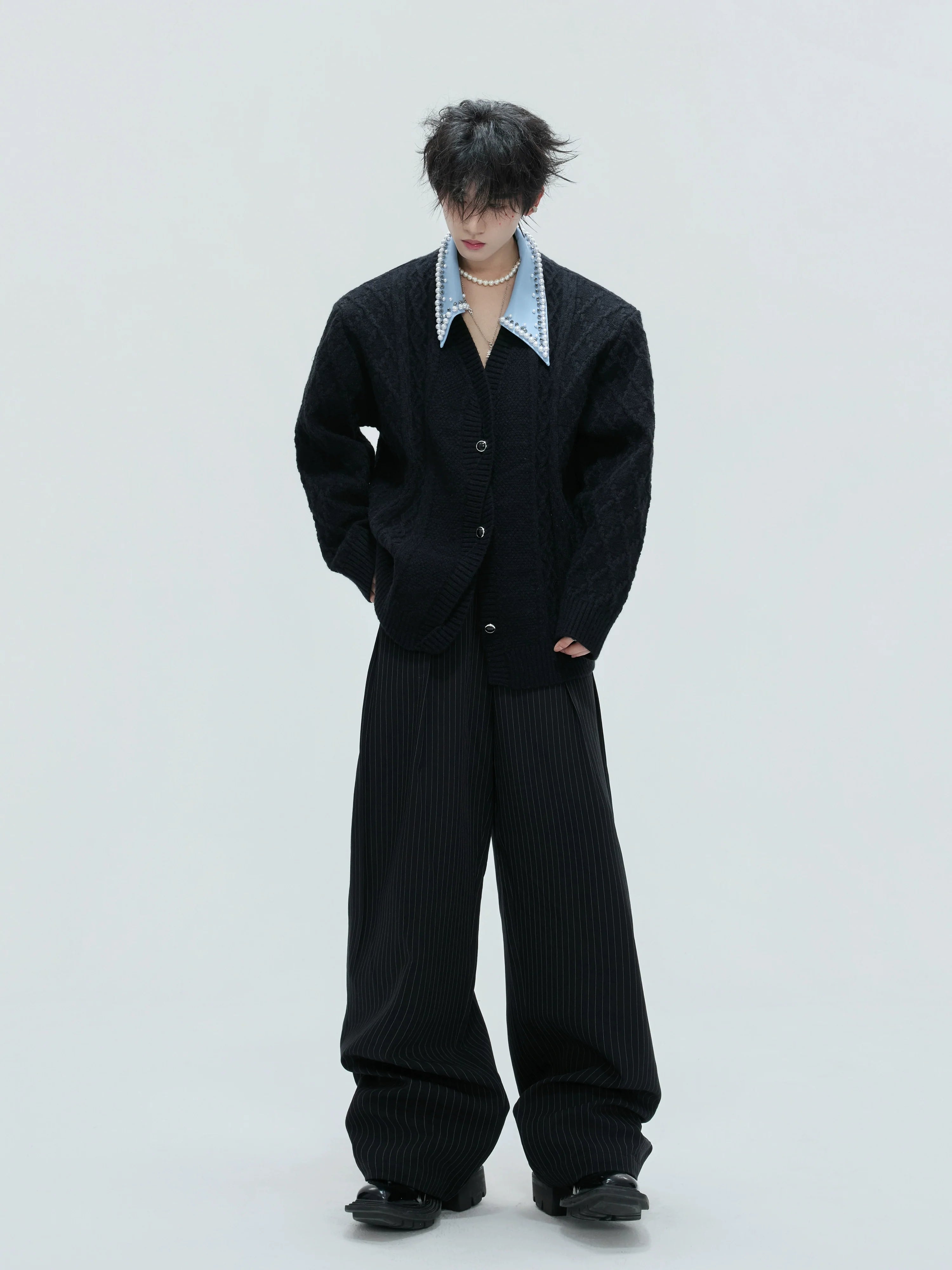 Extravagant fake two-piece sweater retro handmade pearl thickened lapel knitted cardigan