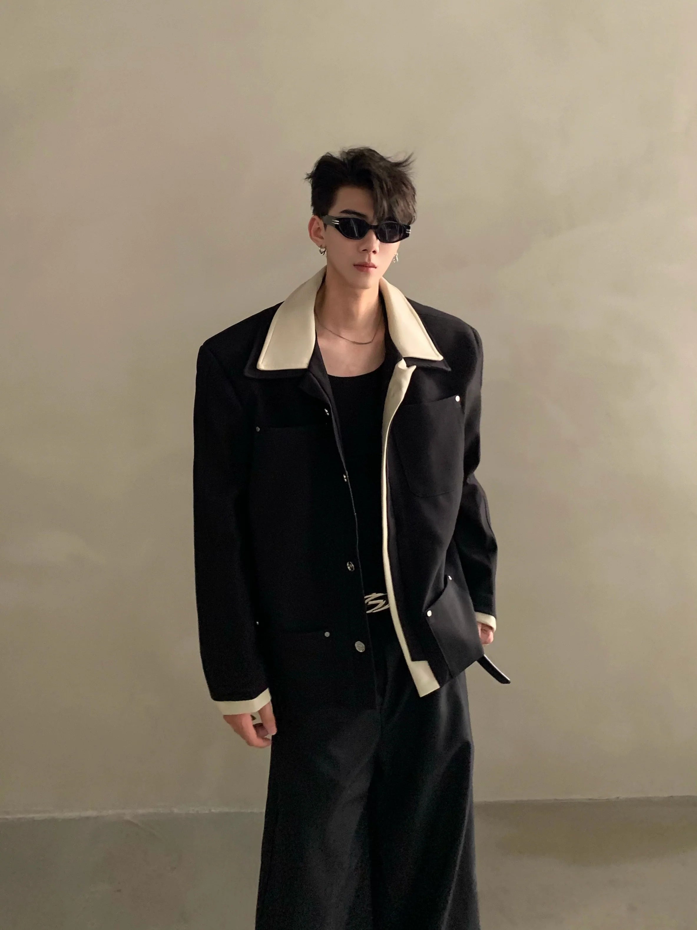 니치 라이트 럭셔리 하이엔드 스플라이싱 라펠 디자인 캐주얼 재킷 남성용 러피안 핸섬 탑 타이드 