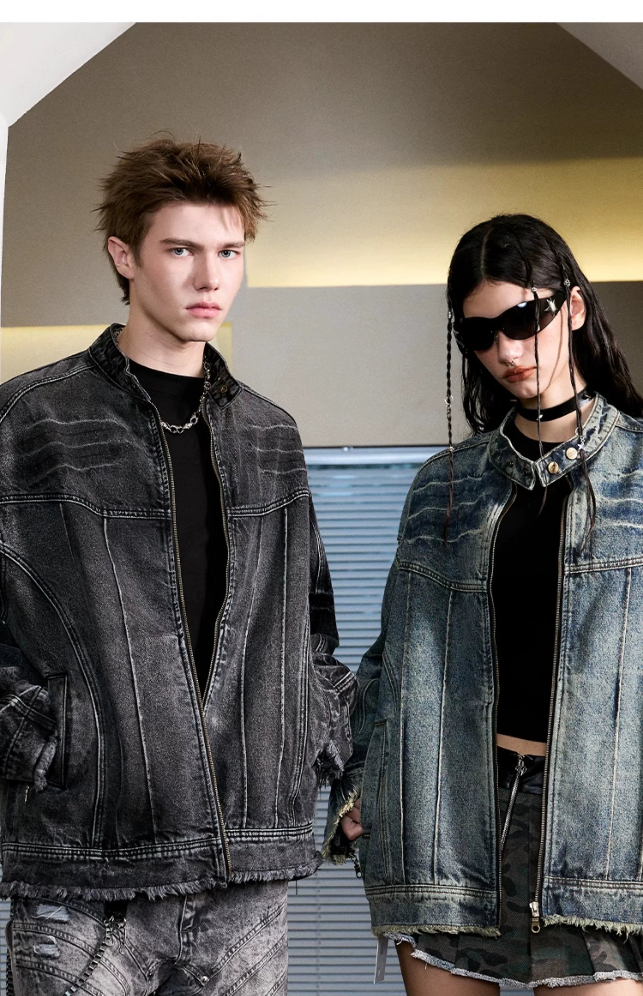 Heavy washed denim jacket American high street stand-up collar jacket SIN0992