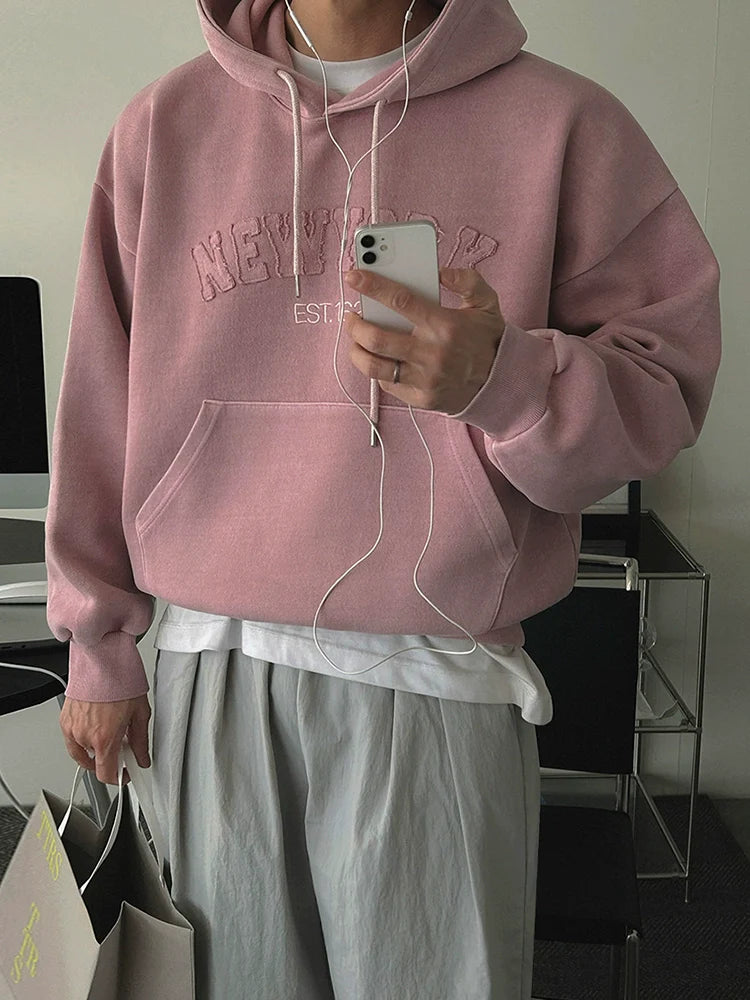 느긋한 바람 레터링 후드 스웨터 남성용 가을 루즈핏 캐주얼 스포츠 탑 한국식 통근 스타일 