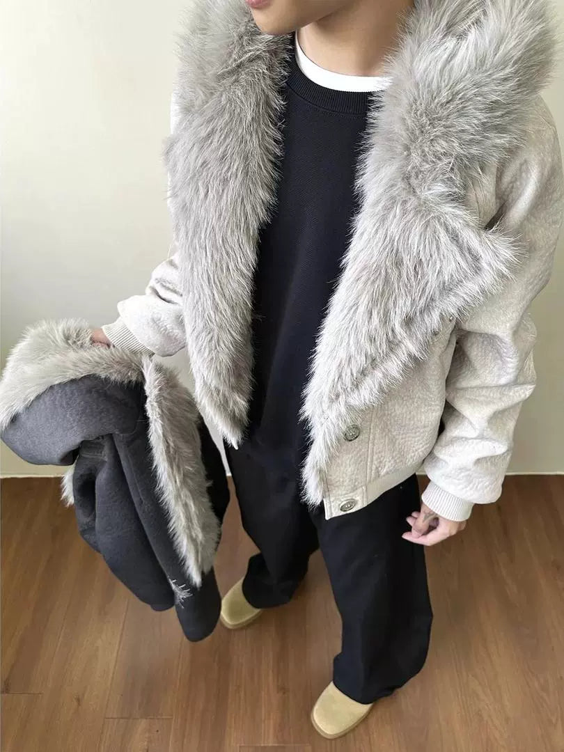 Skywolf Mountain Carving Fur Collar Cotton Jacket Men's and Women's Winter Fleece Thickened Loose Hooded Jacket Cotton Jacket