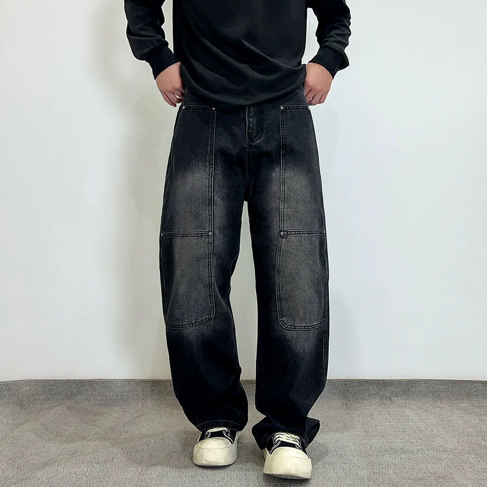 American retro baggy jeans men's 2025 new high street ruffian handsome splicing loose straight wide-leg pants